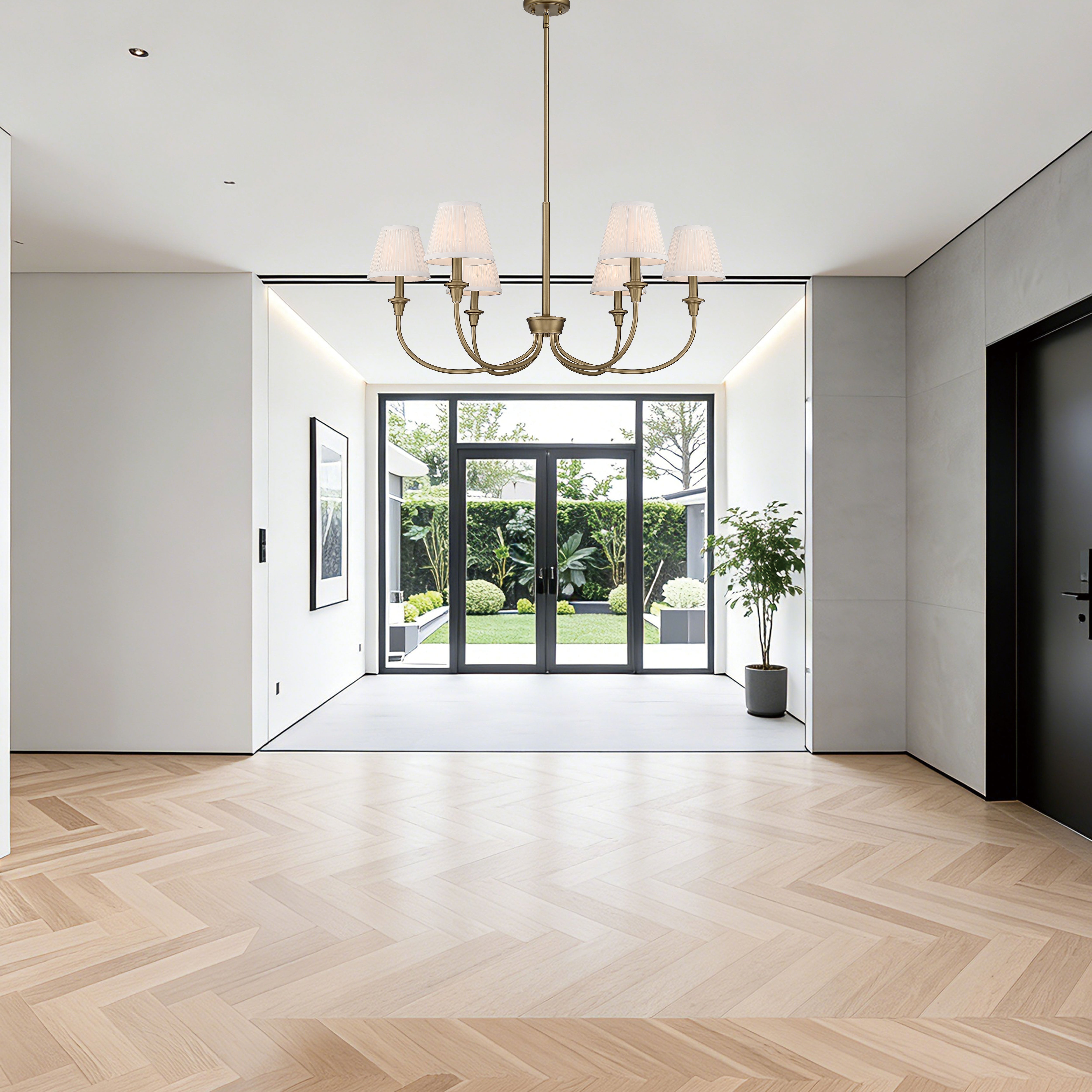 Cambria 6-Light Chandelier in Brushed Champagne Brass & Gathered White Shade - - Golden Lighting