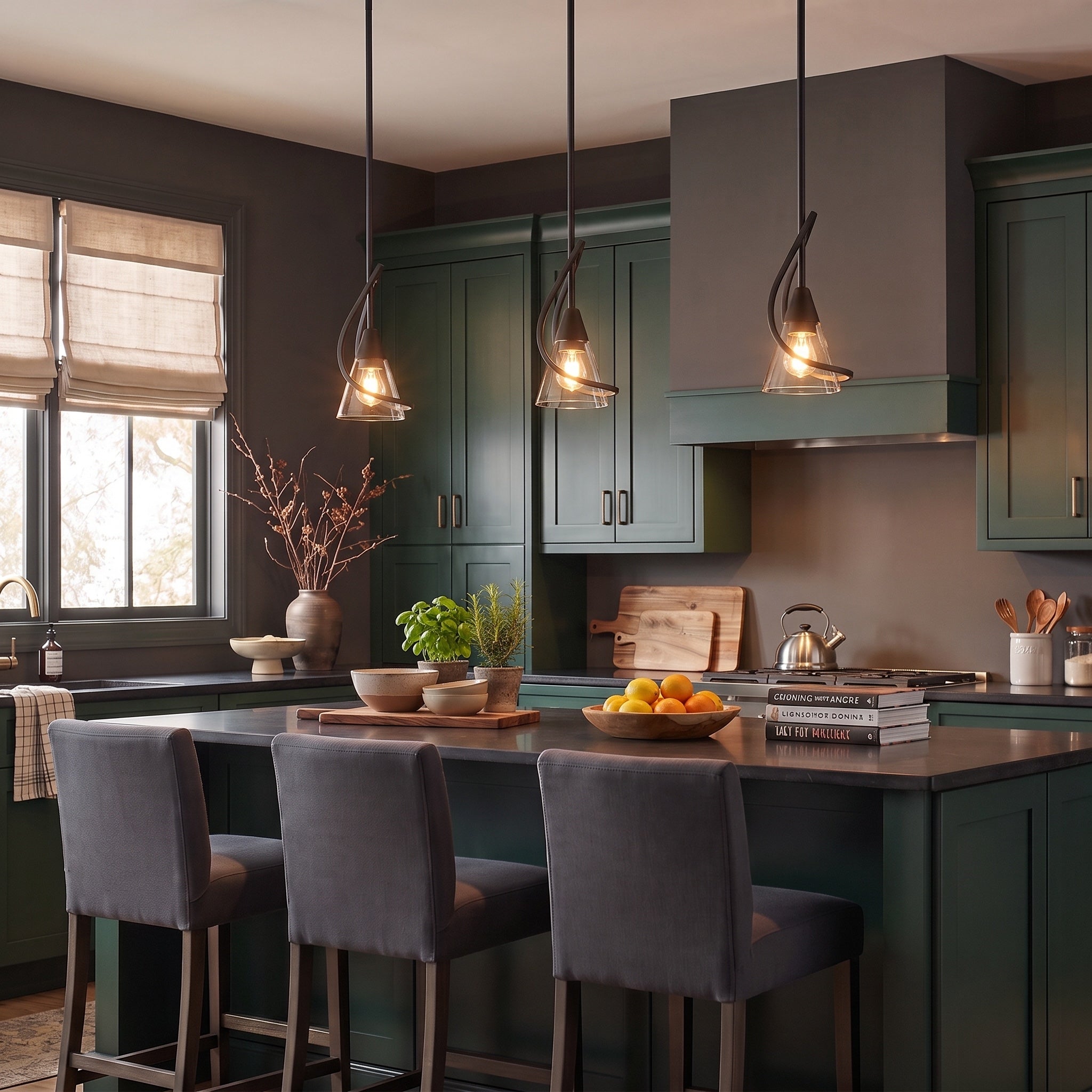 Olympia 1-light Pendant in Matte Black, AI-visualized kitchen scene - Golden Lighting
