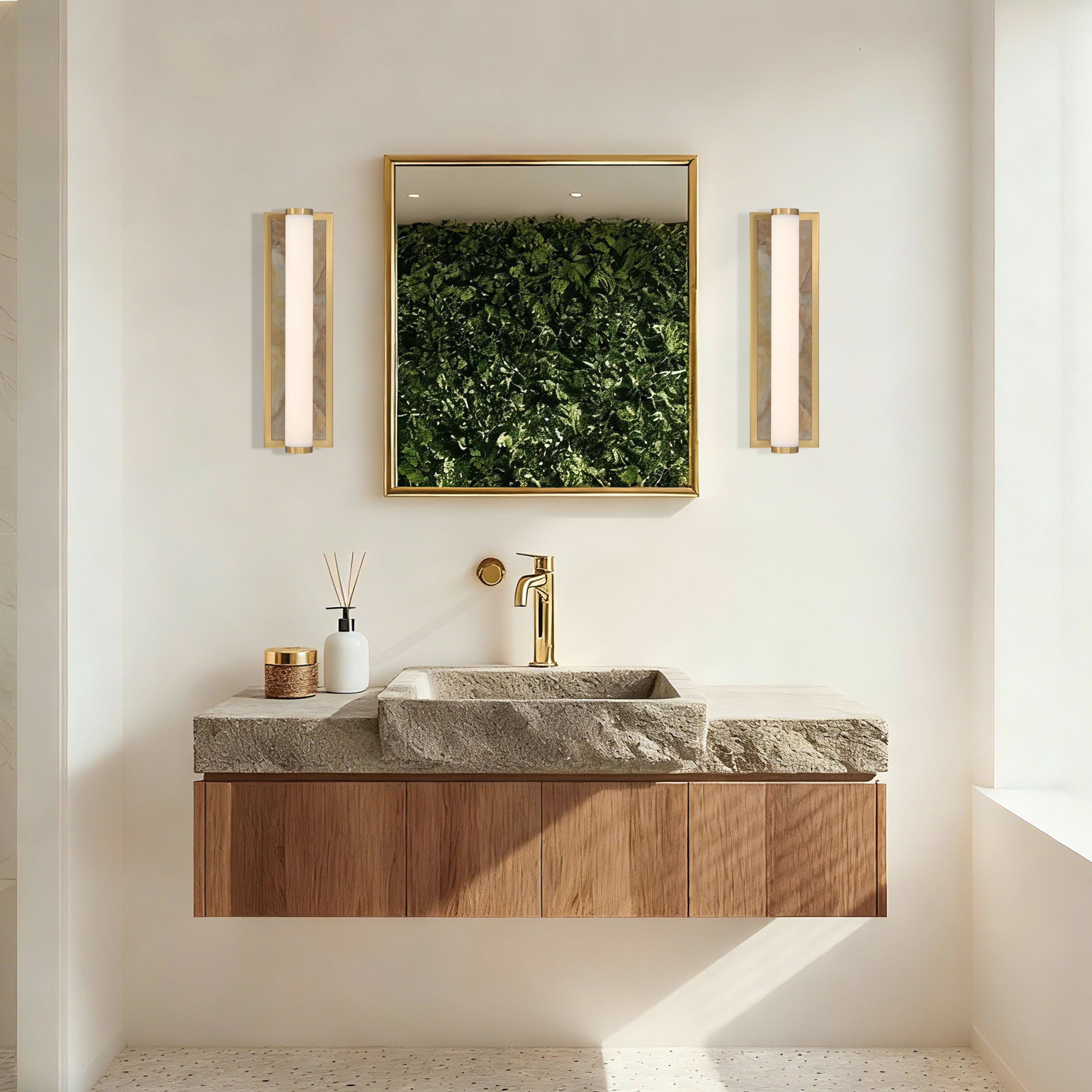 Stratum Integrated LED 18in Vanity in Brushed Champagne Brass with Moon Rock Slate - - Golden Lighting