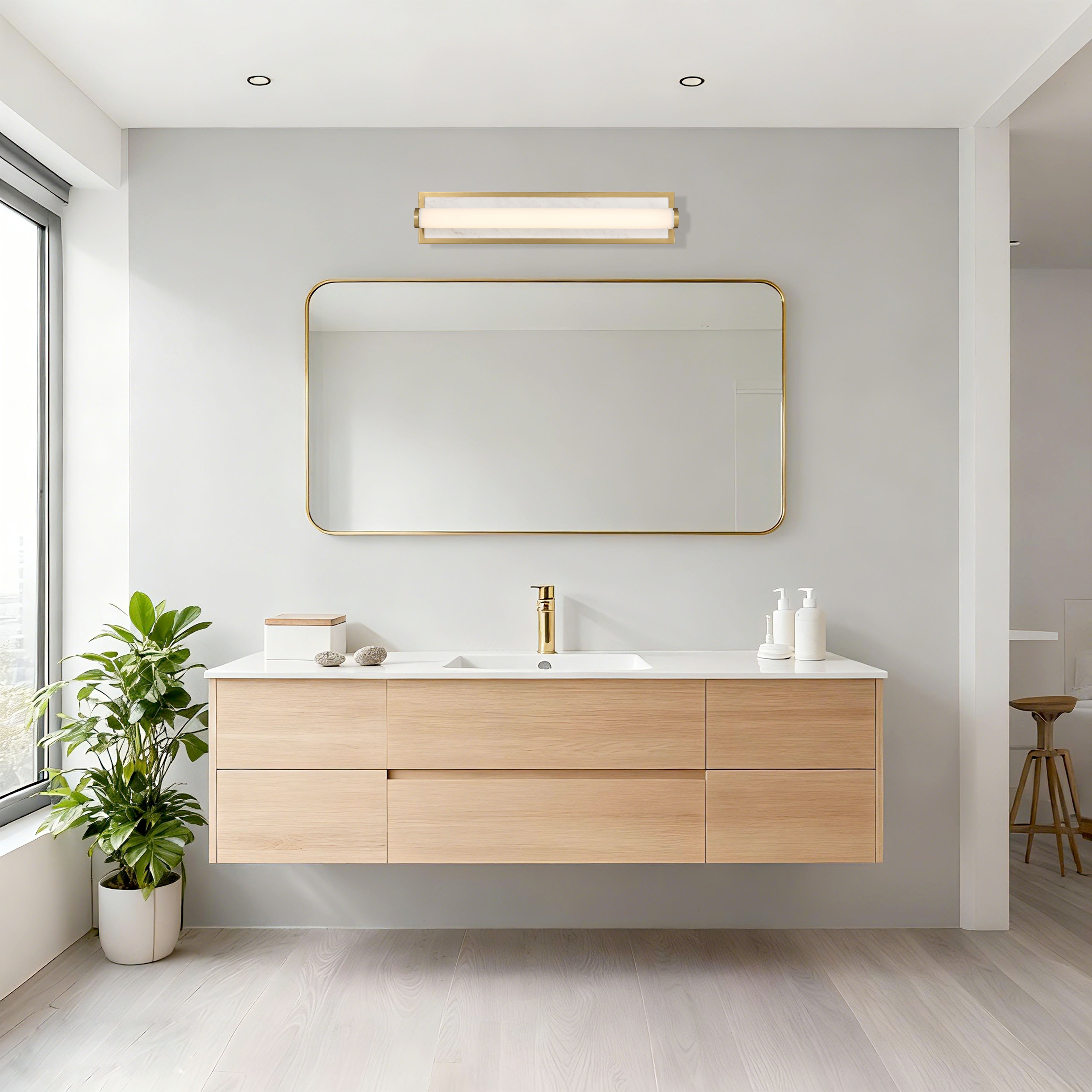 Stratum Integrated LED 24in Vanity in Brushed Champagne Brass with Jazz White Marble - - Golden Lighting