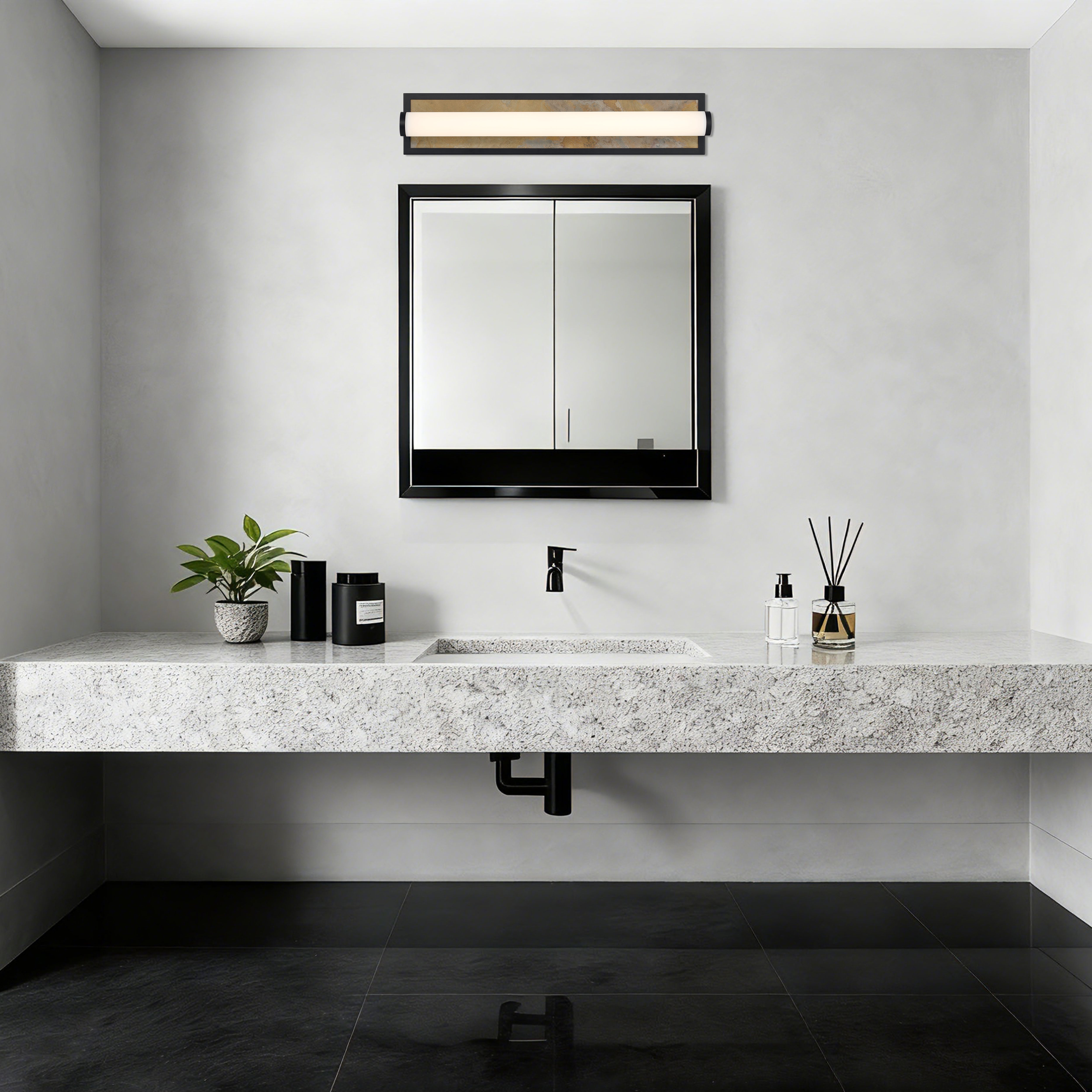 Stratum Integrated LED 24in Vanity in Matte Black with Moon Rock Slate - - Golden Lighting
