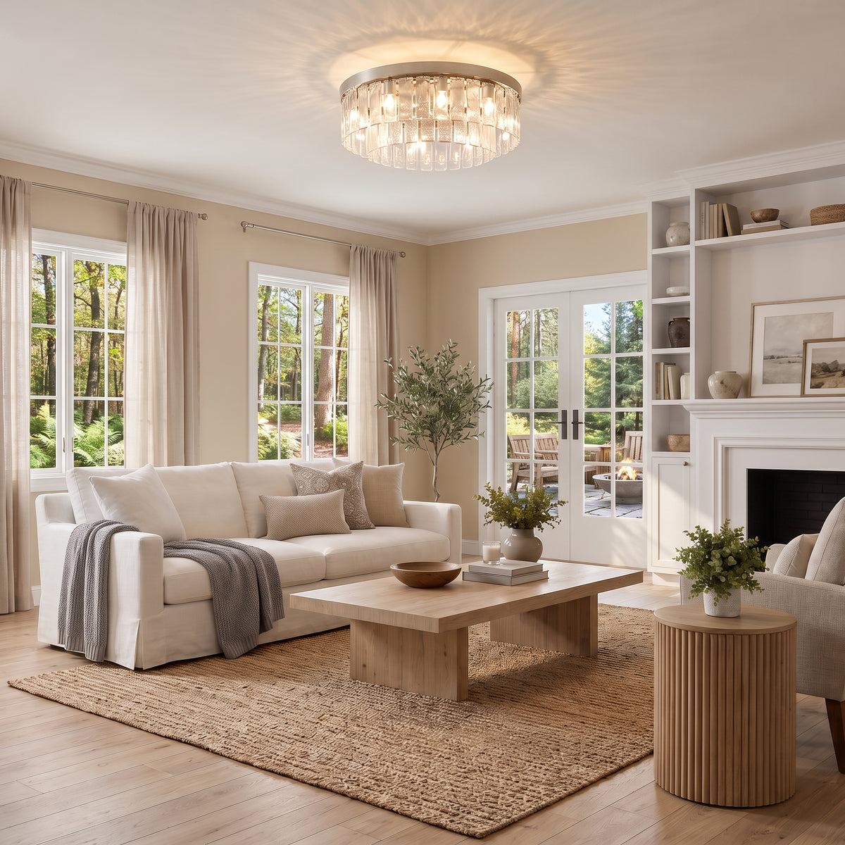 Ciara 9-light Semi-Flush in White Gold and Hammered Water glass, AI-visualized living room scene - Golden Lighting