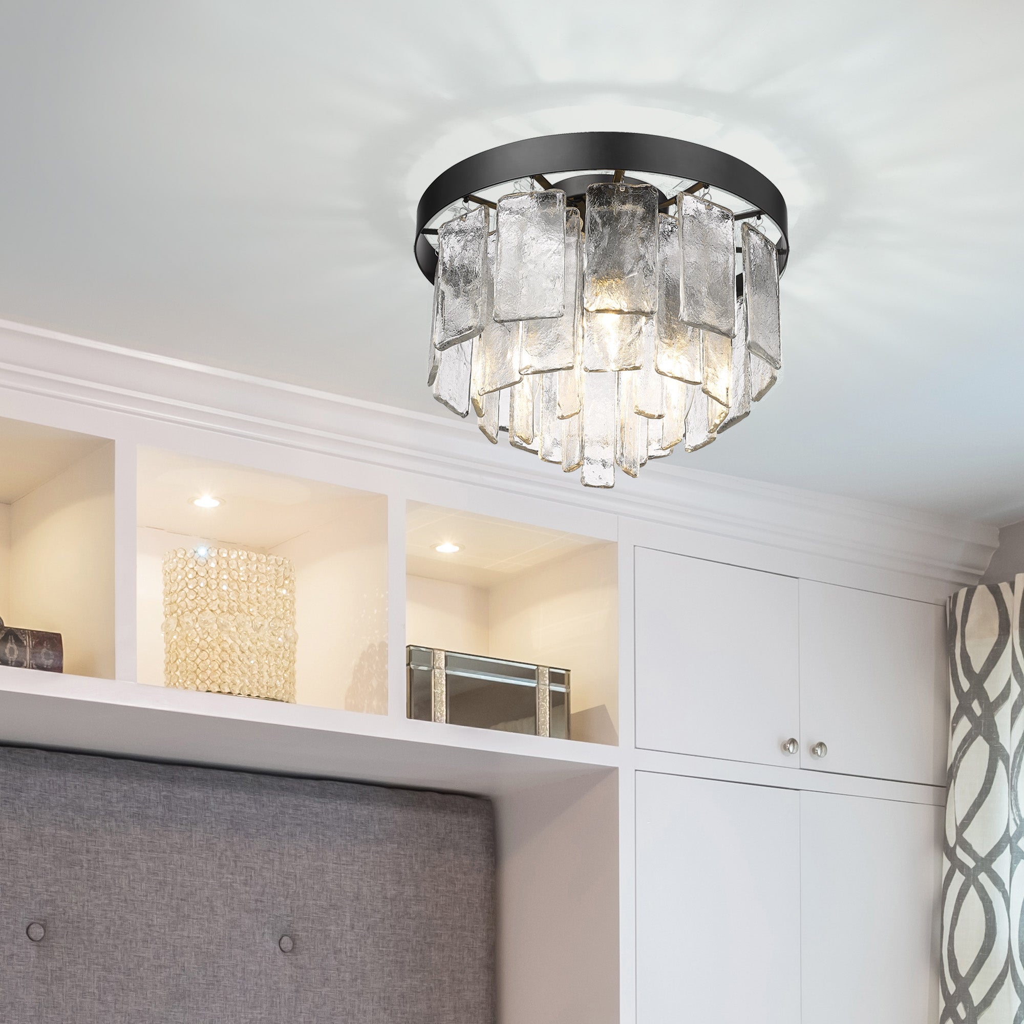 Ciara BLK 3 Light Flush Mount in Matte Black with Hammered Water Glass Shade - Default Title - Golden Lighting