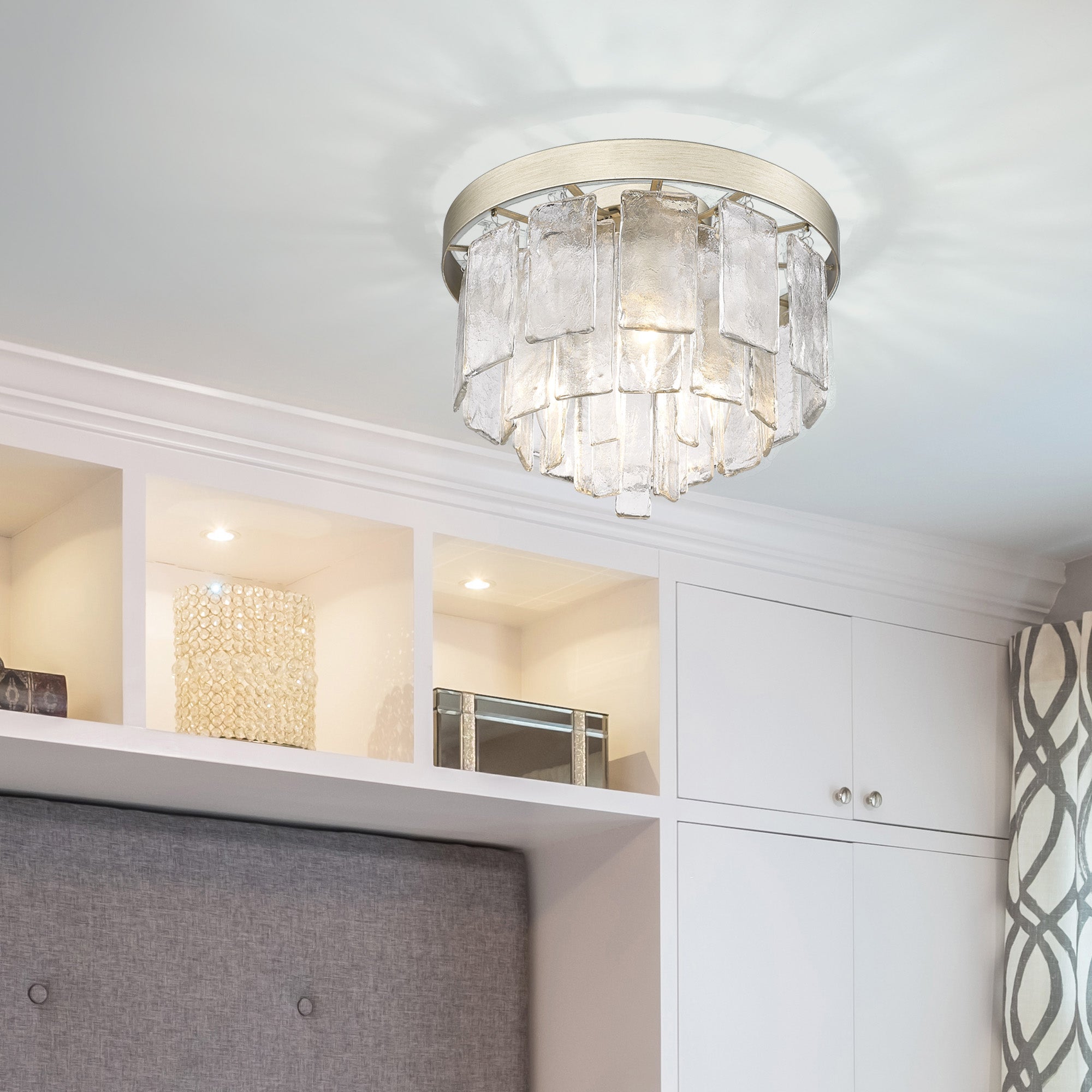 Ciara 3-Light Flush Mount in White Gold with Hammered Water Glass - Default Title - Golden Lighting