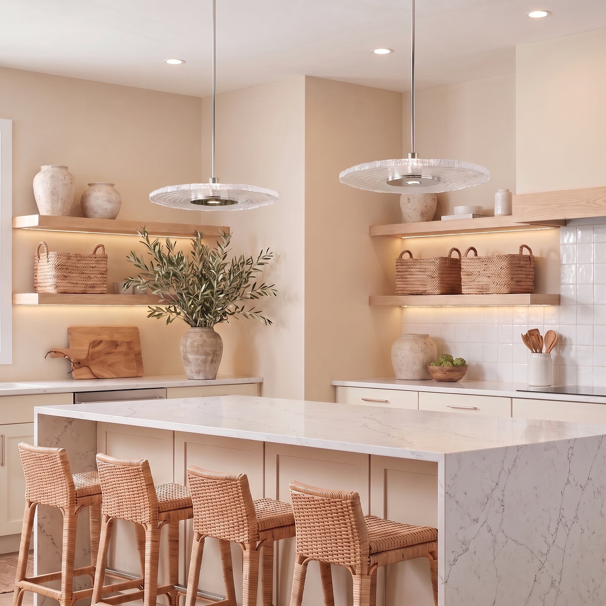 Luminwood 1-light Pendant in Polished Nickel, AI-visualized kitchen scene - Golden Lighting