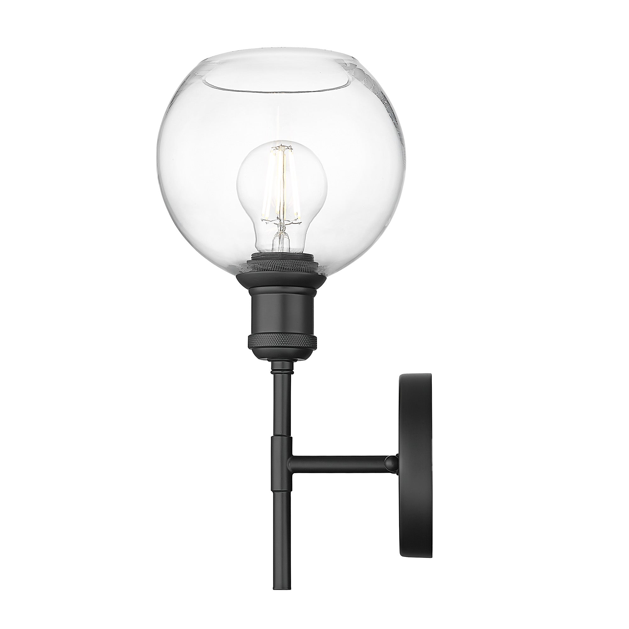 Axel 1-light Wall Sconce in Matte Black and Globe Clear Glass, side view - Golden Lighting