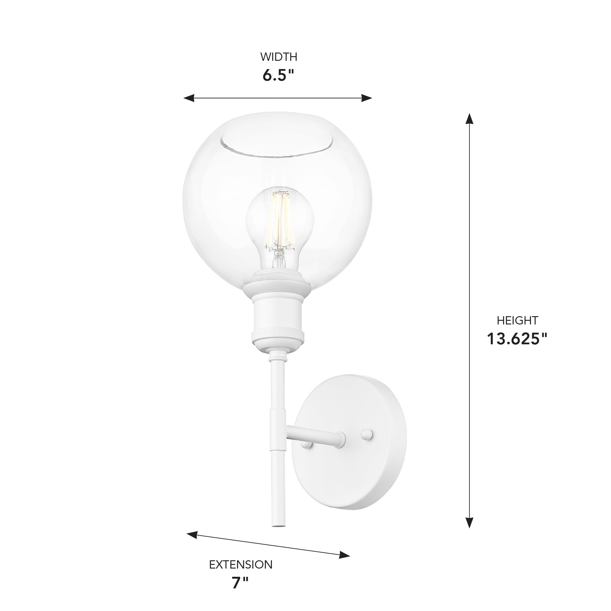 Axel 1-light Wall Sconce in Matte White and Globe Clear Glass, dimensions diagram - Golden Lighting