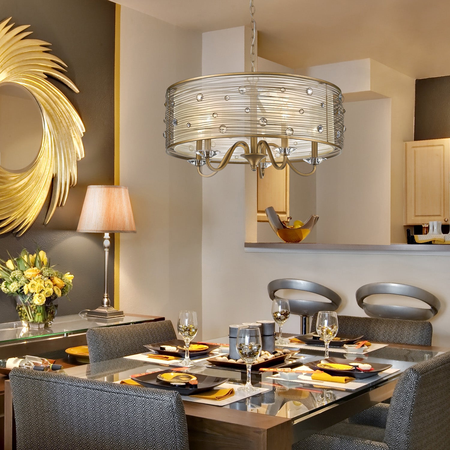 Joia 5 Light Chandelier in Peruvian Gold with a Sheer Filigree Mist Shade - Default Title - Golden Lighting