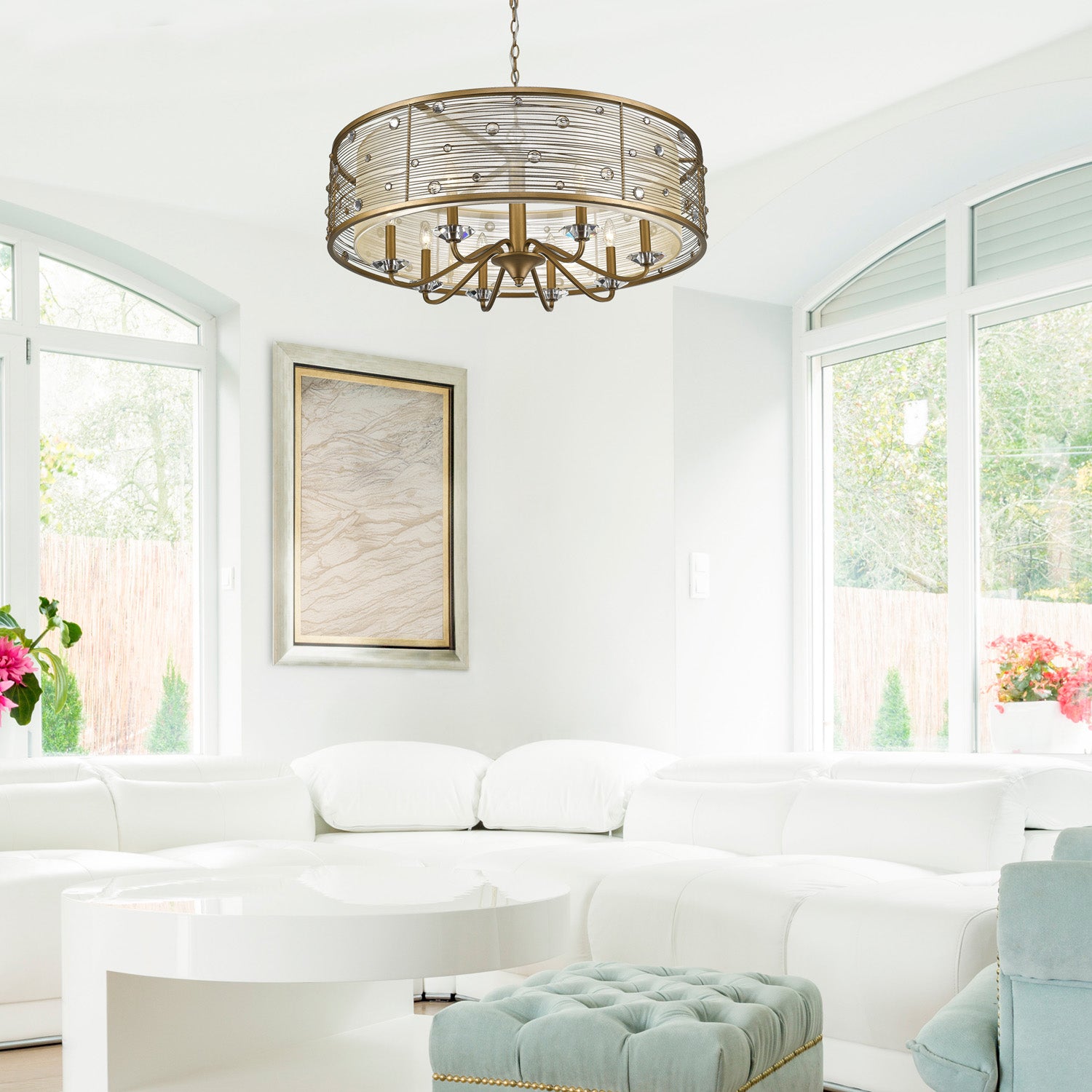 Joia 8 Light Chandelier in Peruvian Gold with a Sheer Filigree Mist Shade - Default Title - Golden Lighting