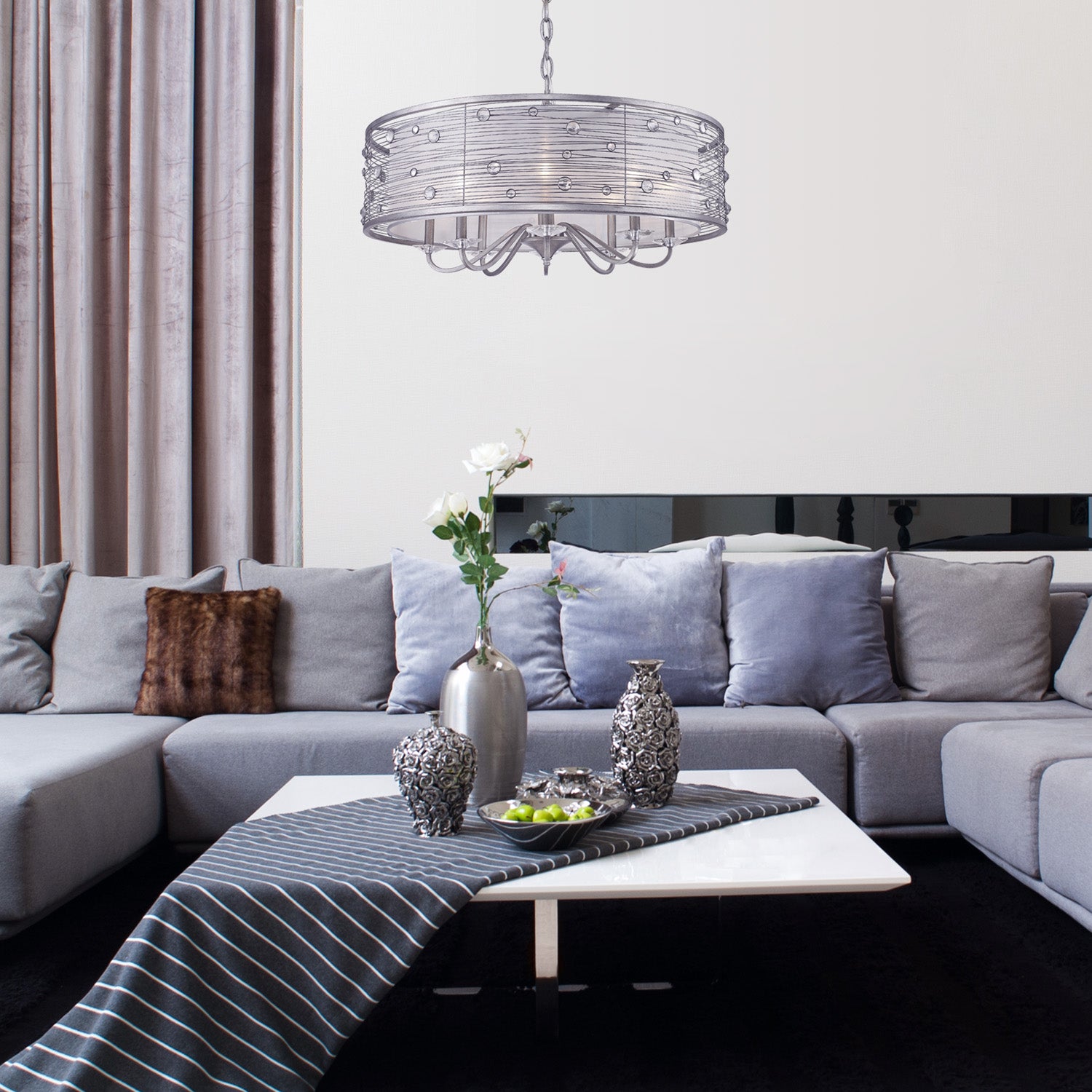 Joia 8 Light Chandelier in Peruvian Silver with Sterling Mist Shade - Default Title - Golden Lighting