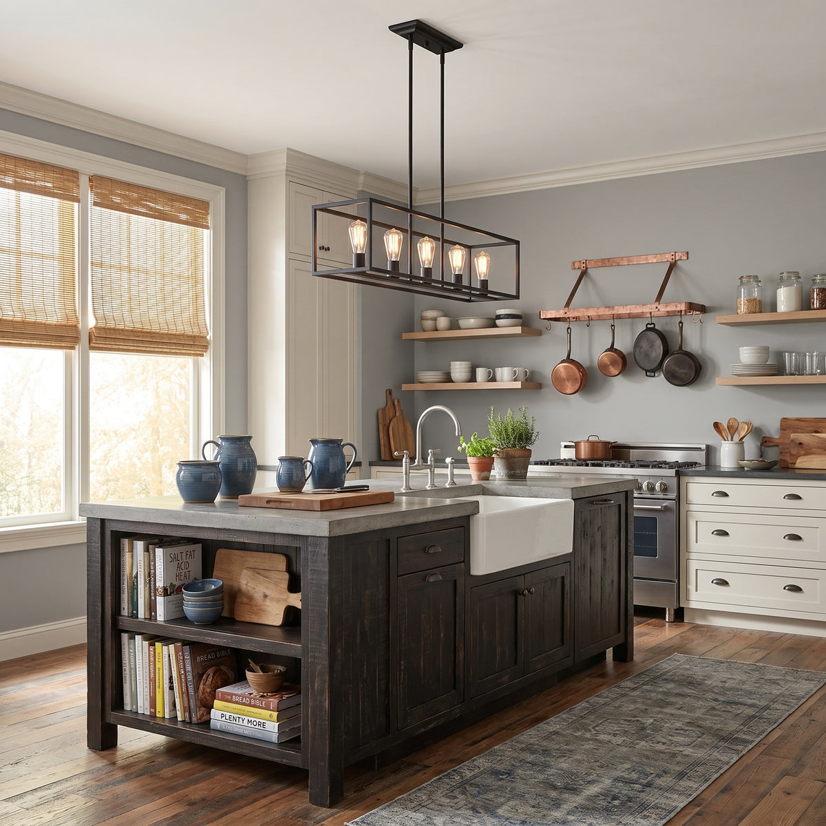 Wesson 5-light Island Light in Matte Black, AI-visualized kitchen scene - Golden Lighting