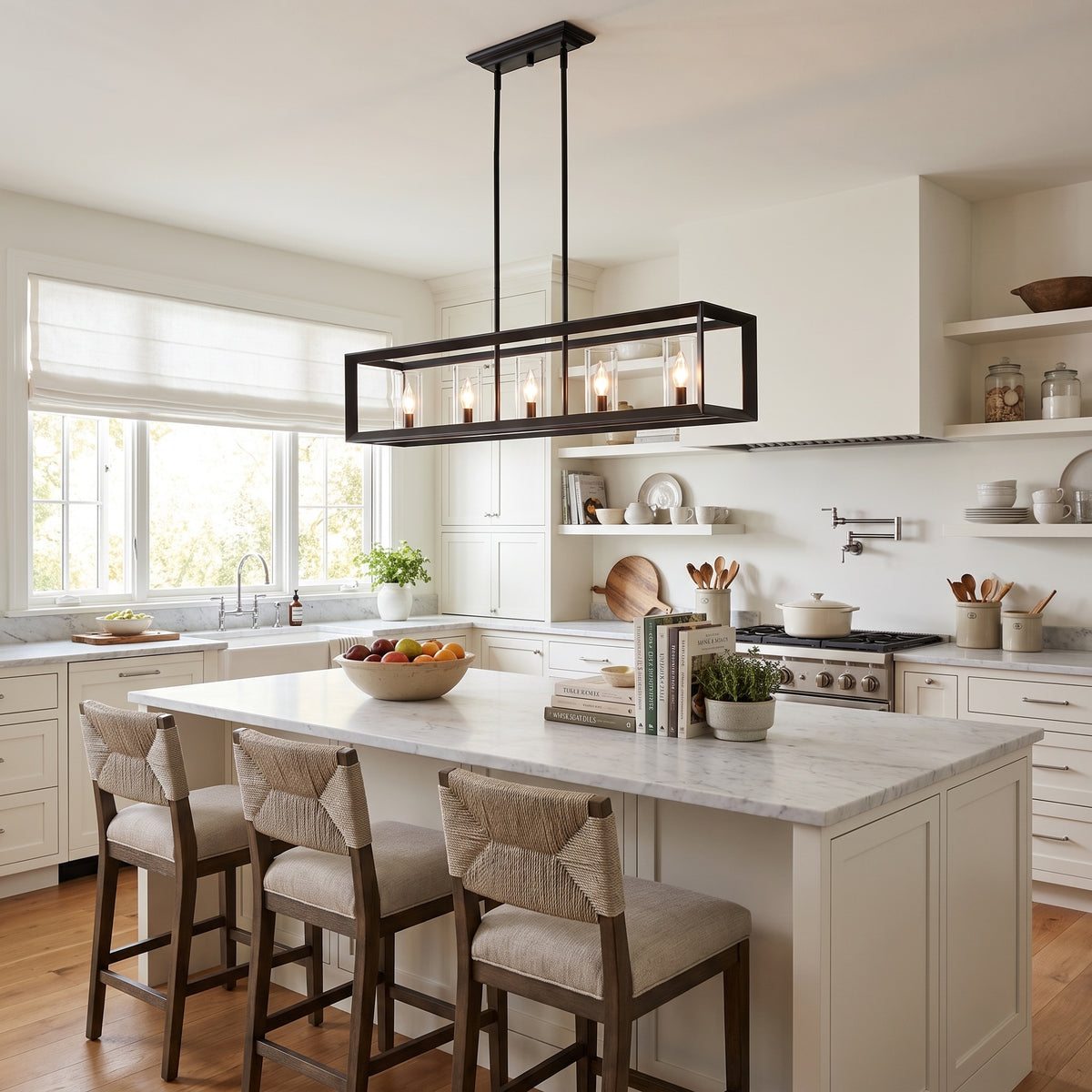 Smyth 5-light Island Light in Matte Black, AI-visualized kitchen scene - Golden Lighting