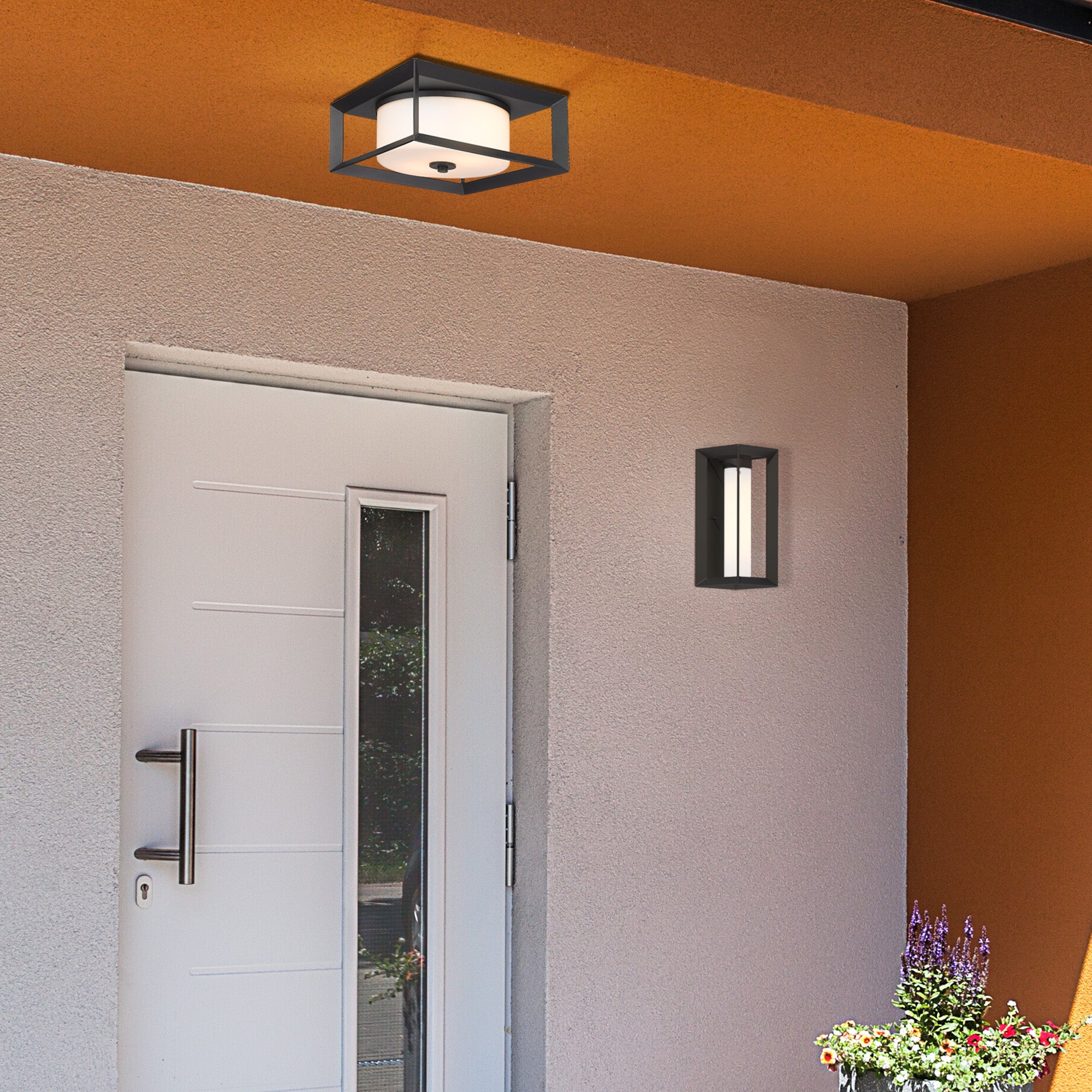 Golden Lighting Smyth 2-light Outdoor Ceiling in Natural Black and Opal Glass