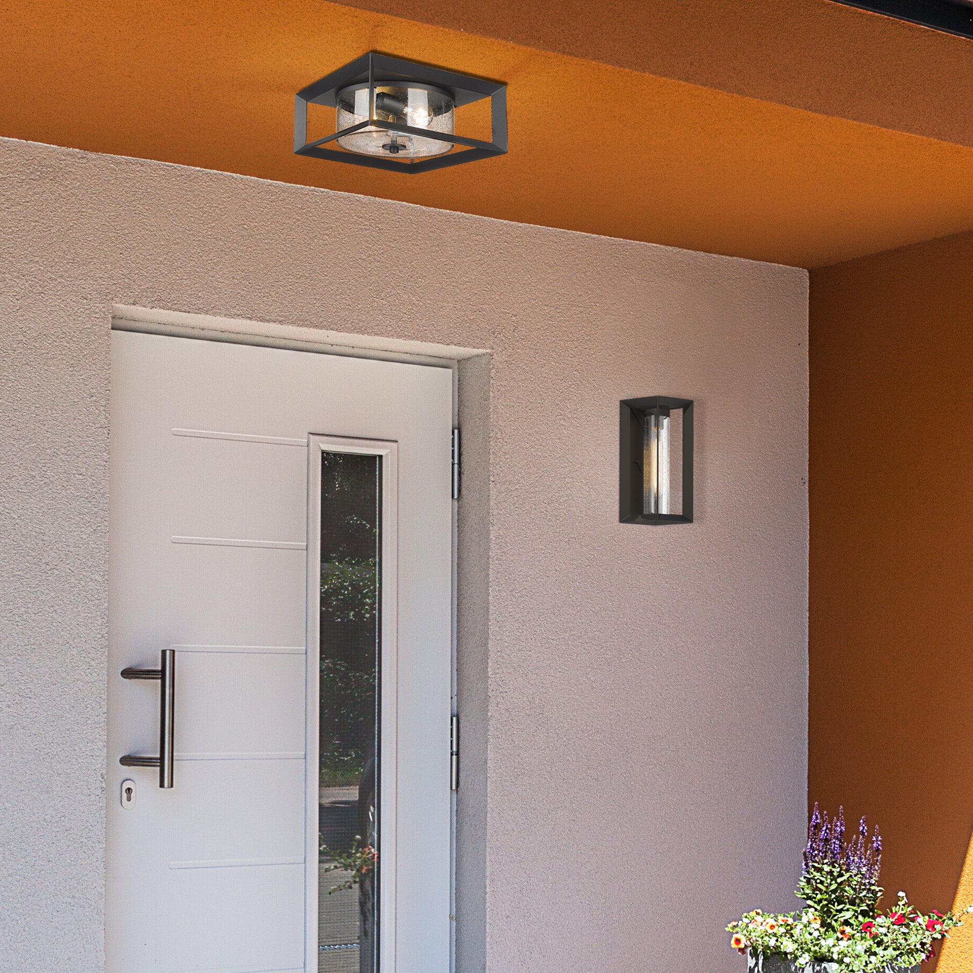 Golden Lighting Smyth 2-light Outdoor Ceiling in Natural Black and Seeded Glass
