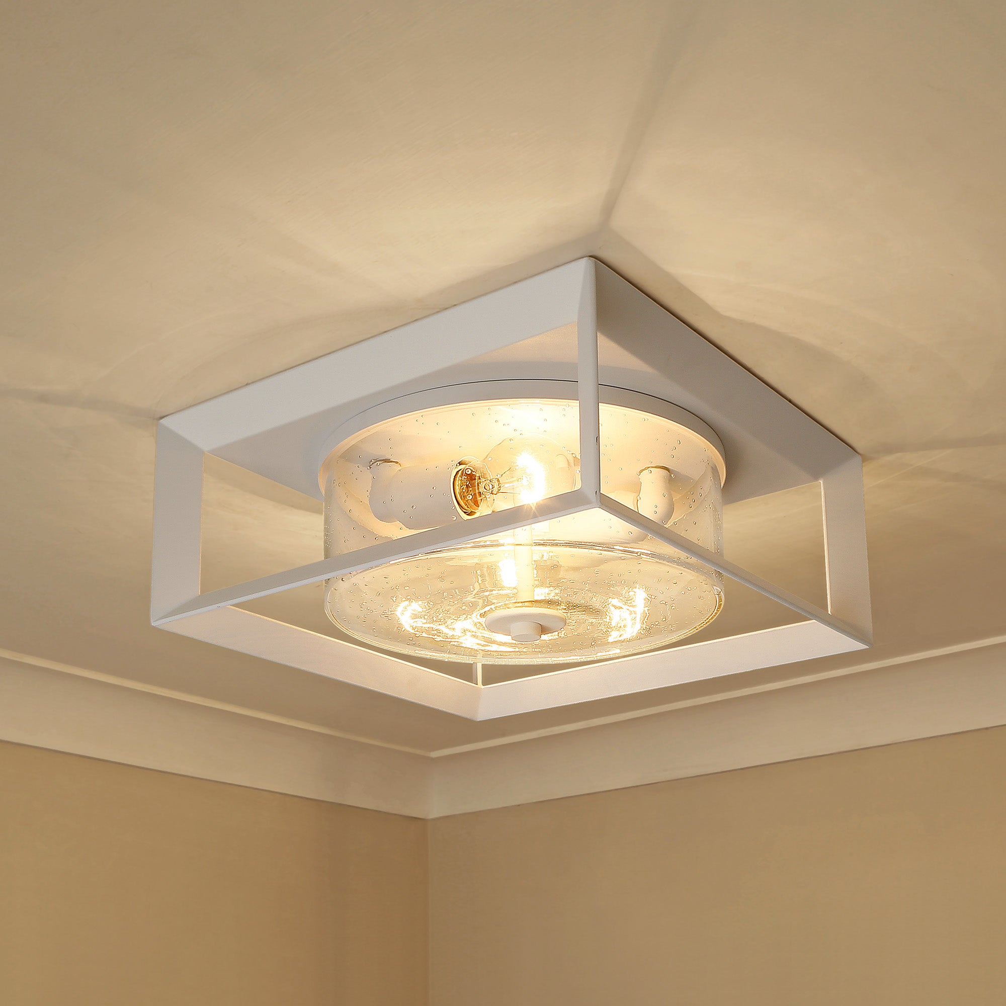 Smyth NWT Flush Mount - Outdoor in Natural White with Seeded Glass Shade - Default Title - Golden Lighting