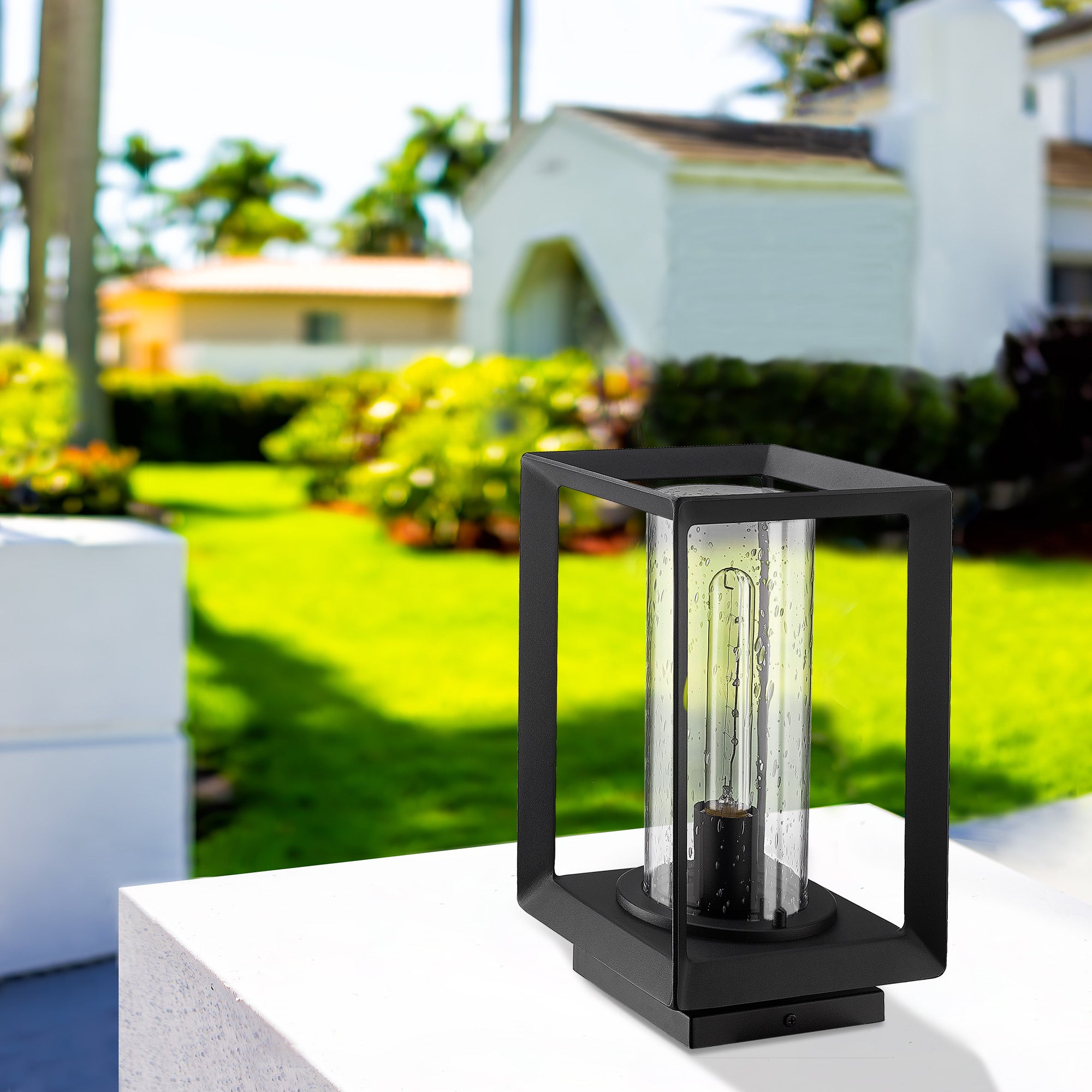 Golden Lighting Smyth 1-light Outdoor Pier Mount in Natural Black and Seeded Glass