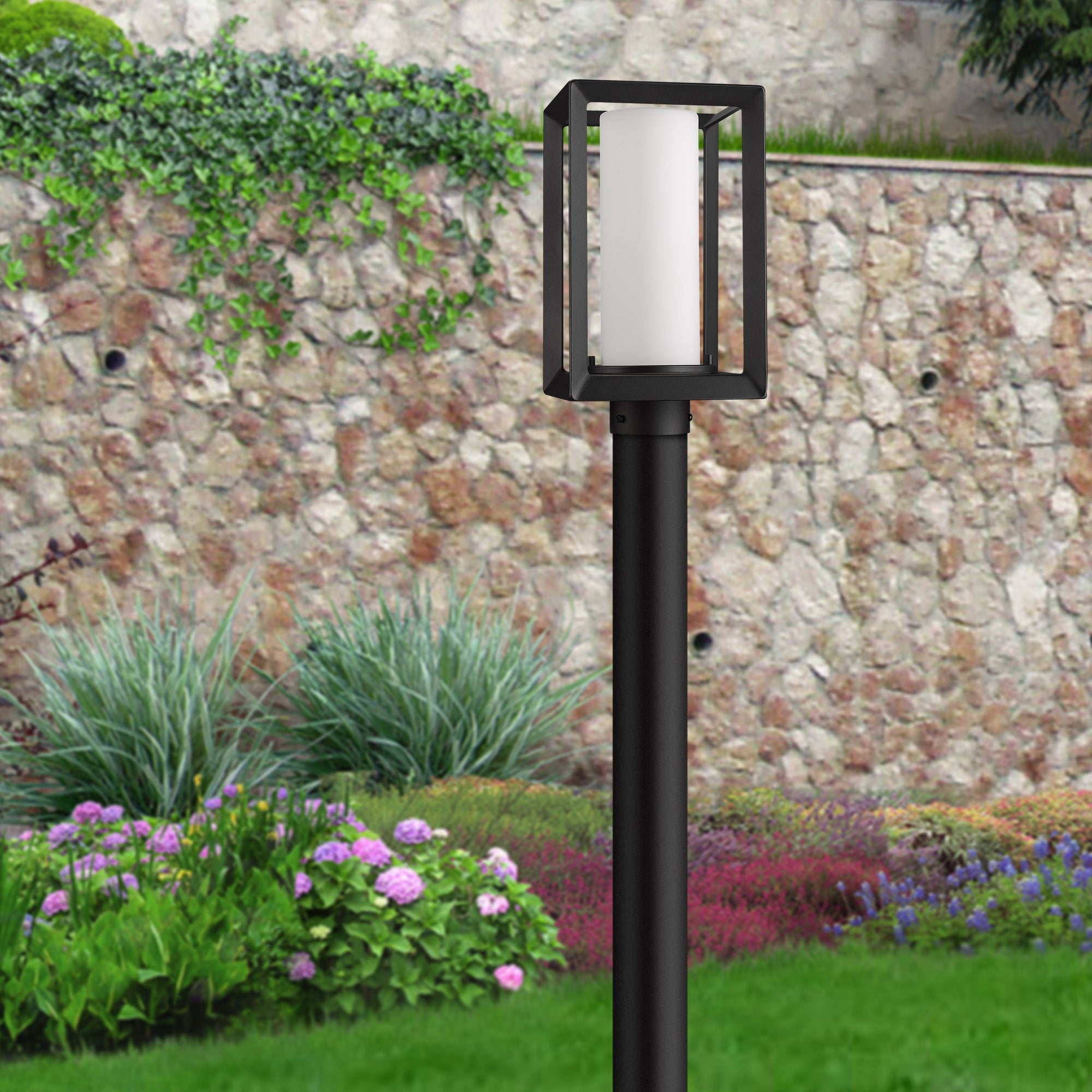 Golden Lighting Smyth 1-light Outdoor Post in Natural Black and Opal Glass