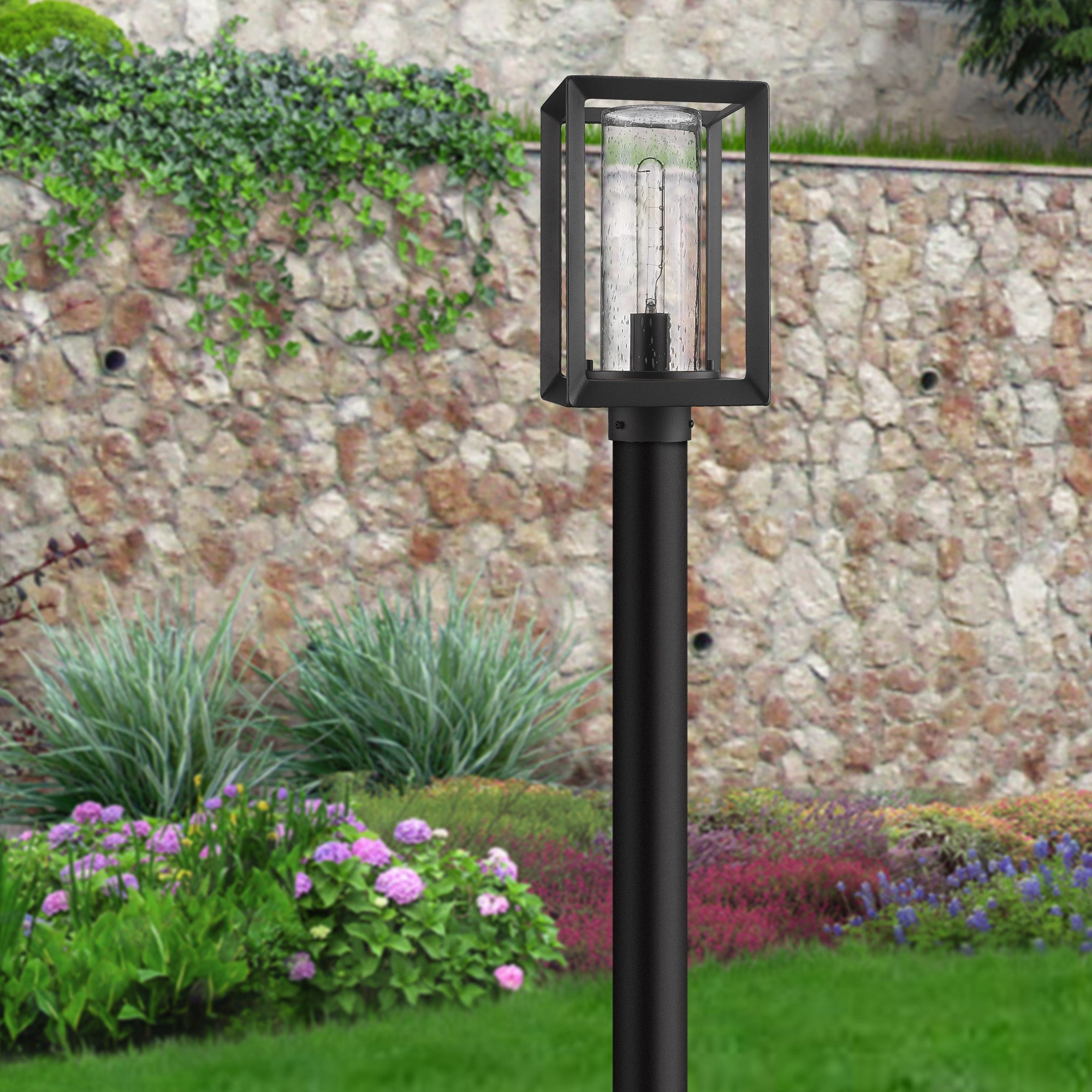 Golden Lighting Smyth 1-light Outdoor Post in Natural Black and Seeded Glass