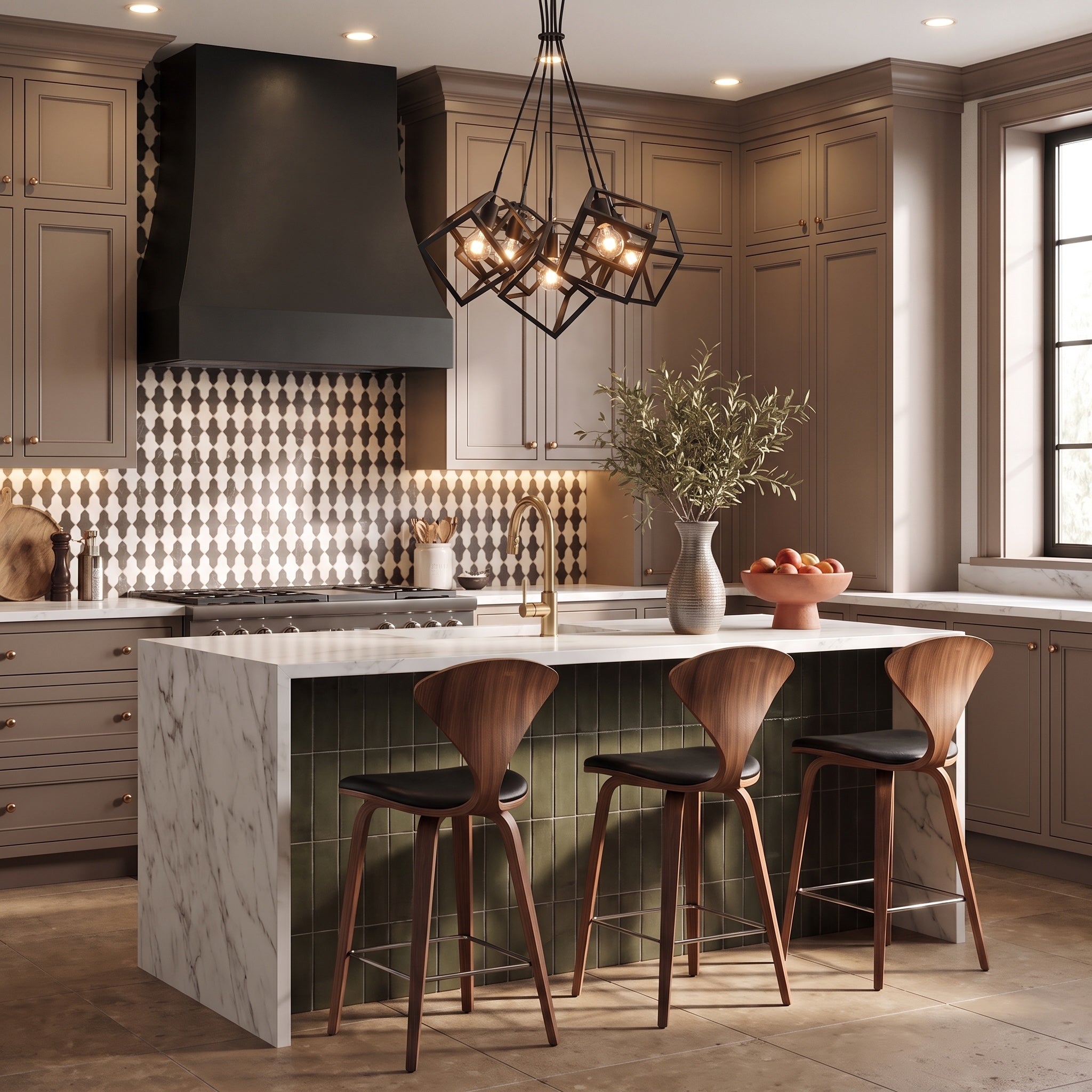 Cassio 5-light Pendant in Matte Black, AI-visualized dining room scene - Golden Lighting