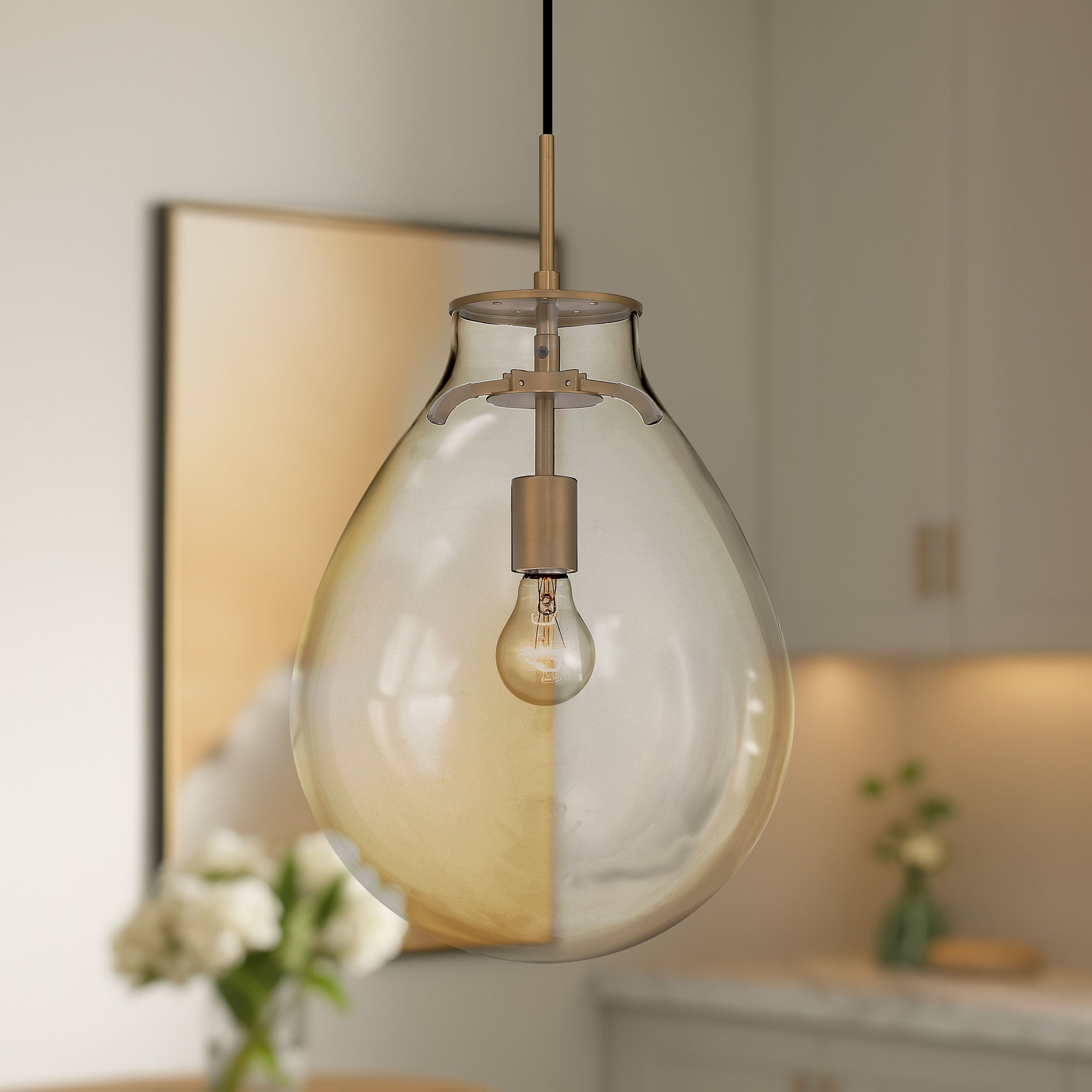 Drop 1-light Pendant in Brushed Champagne Brass and Clear Glass