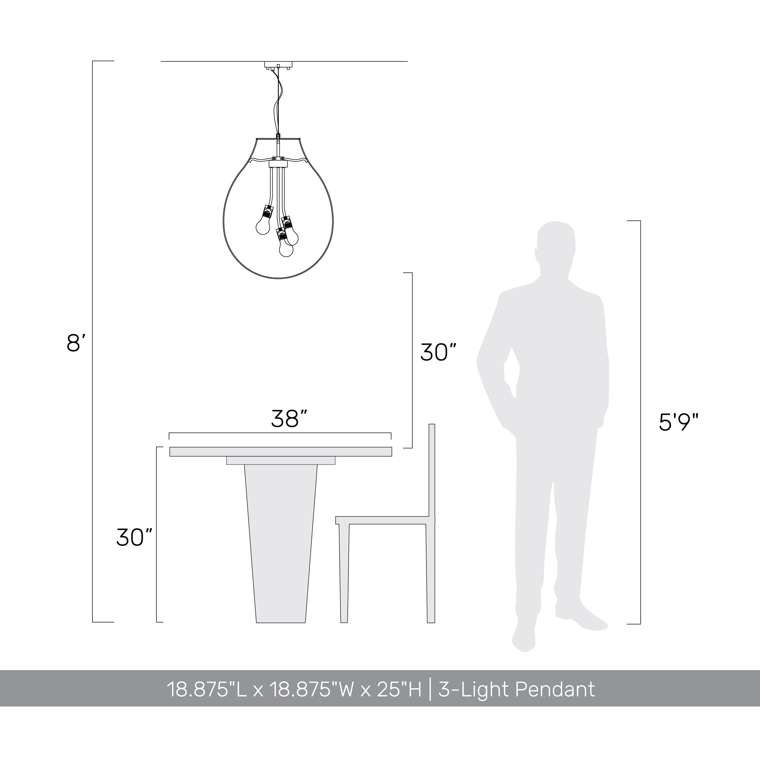 Drop 3-light Pendant in Brushed Champagne Brass and Smoke Plated Glass, scale reference - Golden Lighting