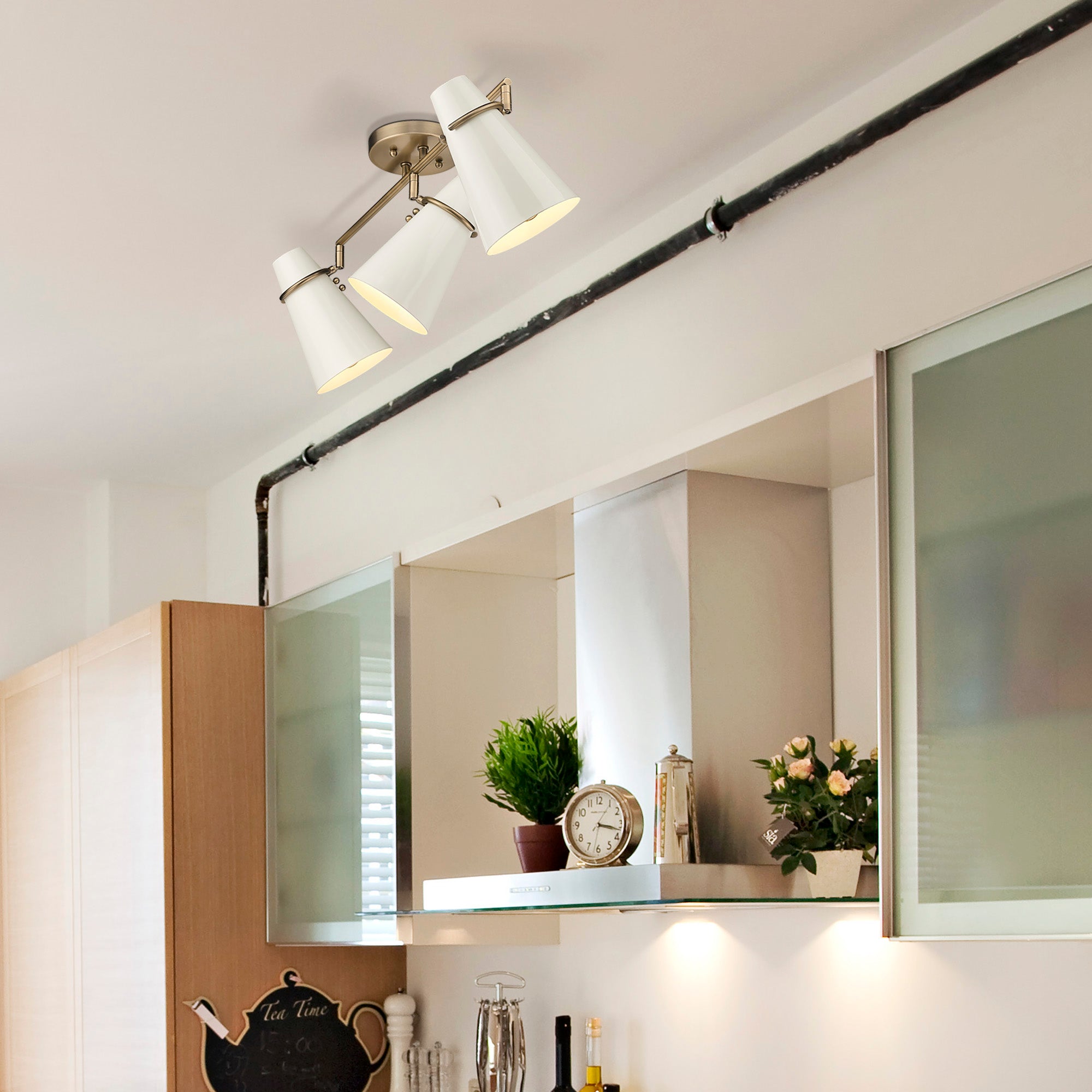 Golden Lighting Reeva 3-light Semi-Flush Mount in Modern Brass and Glossy Ecru shade - - Golden Lighting