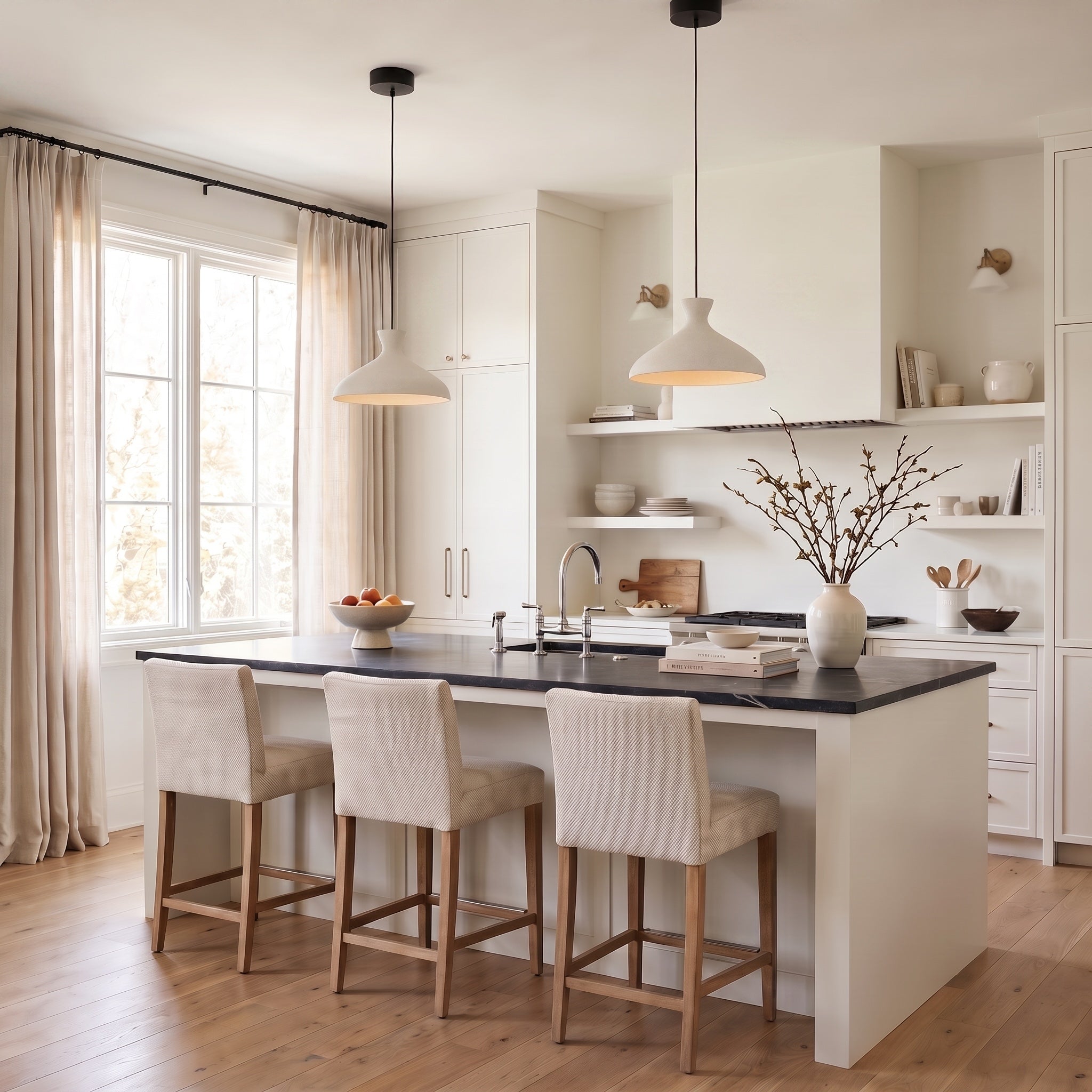 Aethera 1-light Pendant in Matte Black, AI-visualized kitchen scene - Golden Lighting
