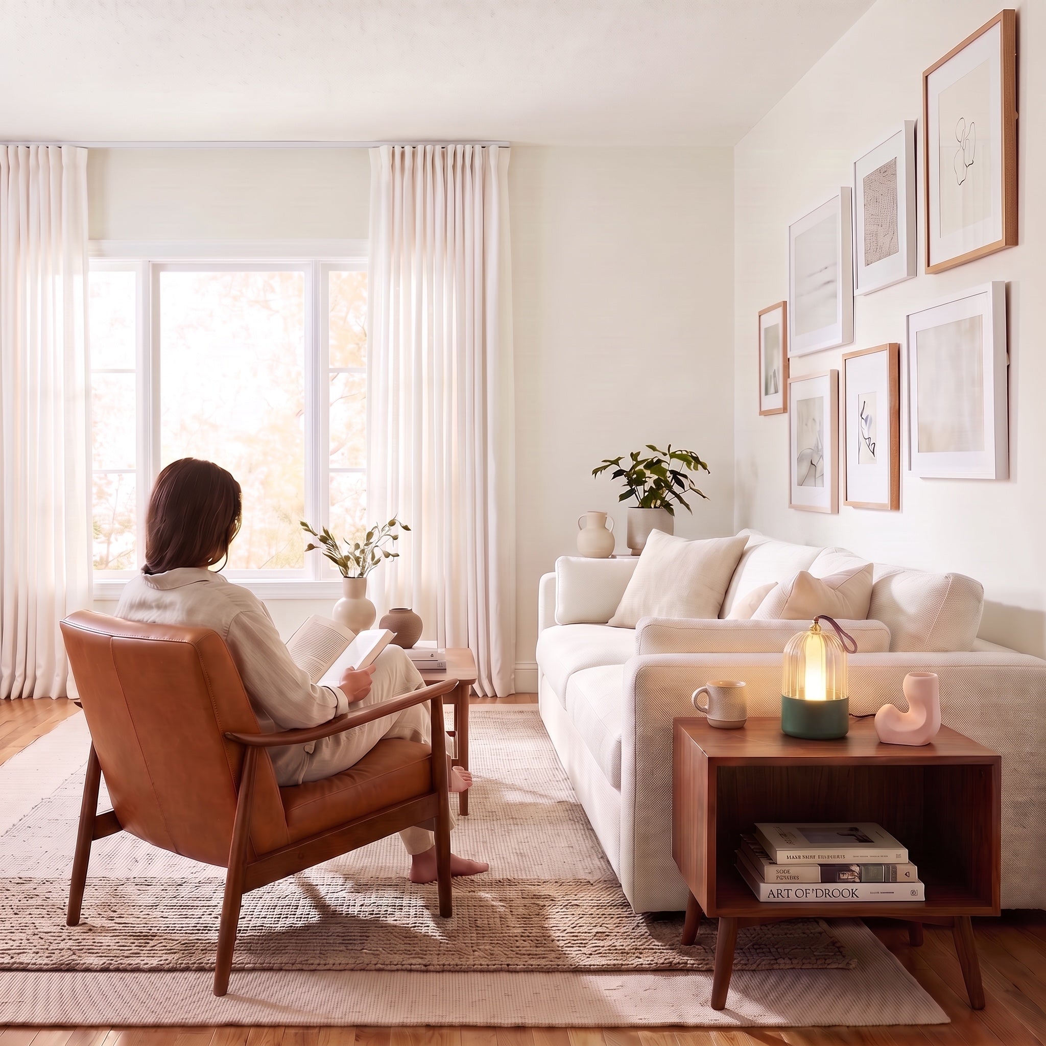 Lunari Cordless Integrated LED Portable Lamp in Matte Green, AI-visualized living room scene - Golden Lighting (with person)