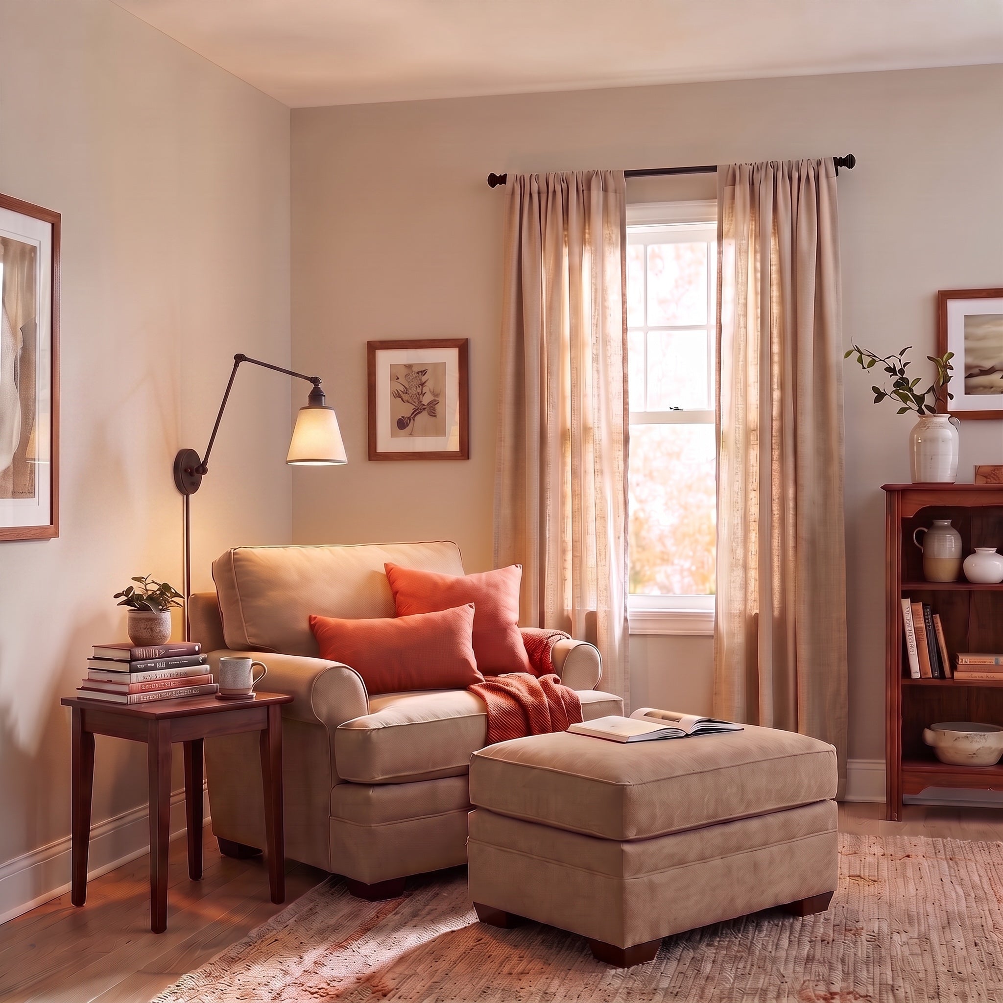 Equinox 1-light Swing Arm Wall Lamp in Matte Black, AI-visualized reading nook scene - Golden Lighting
