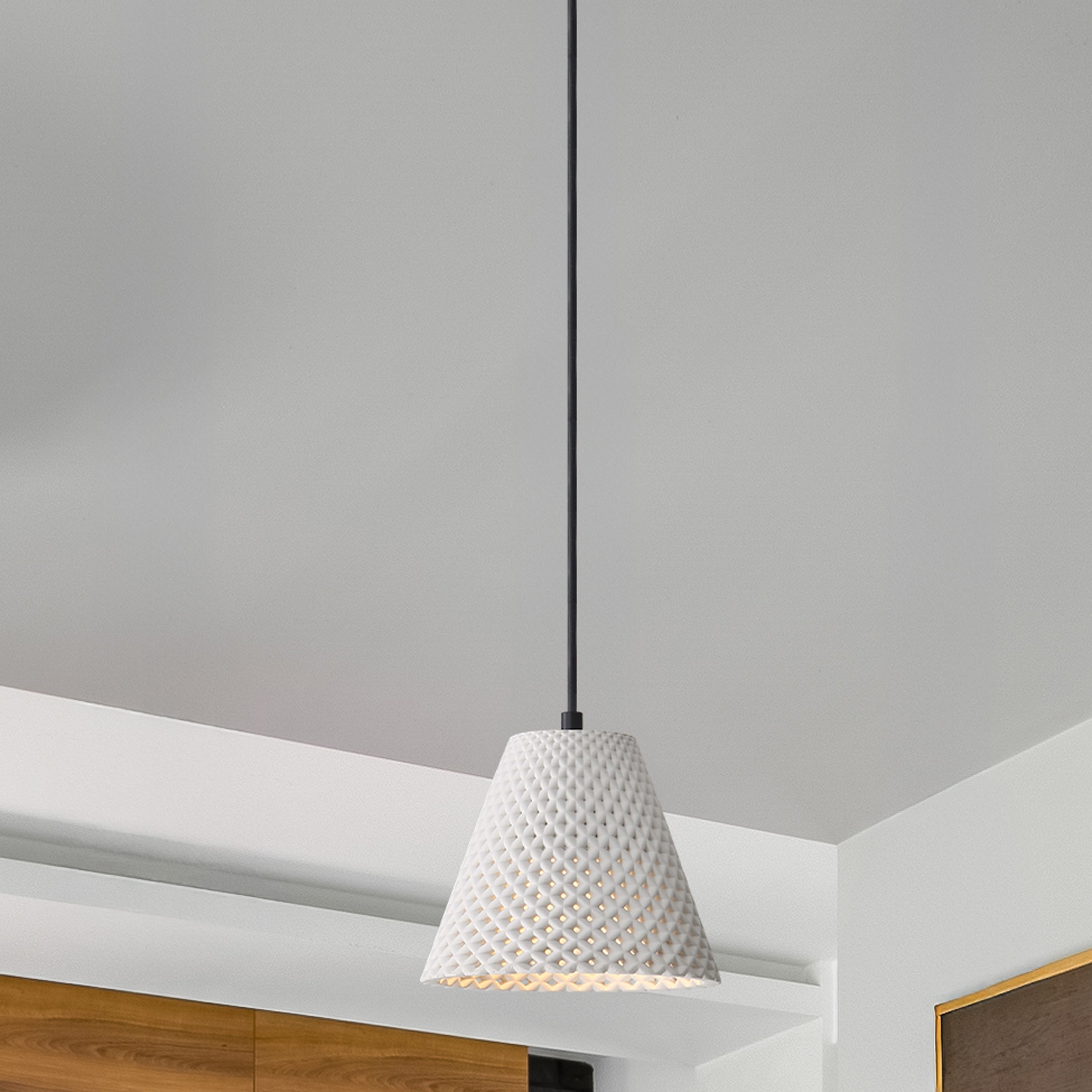 Golden Lighting Clarus 8in Integrated LED Pendant in White Sandstone Cement - - Golden Lighting