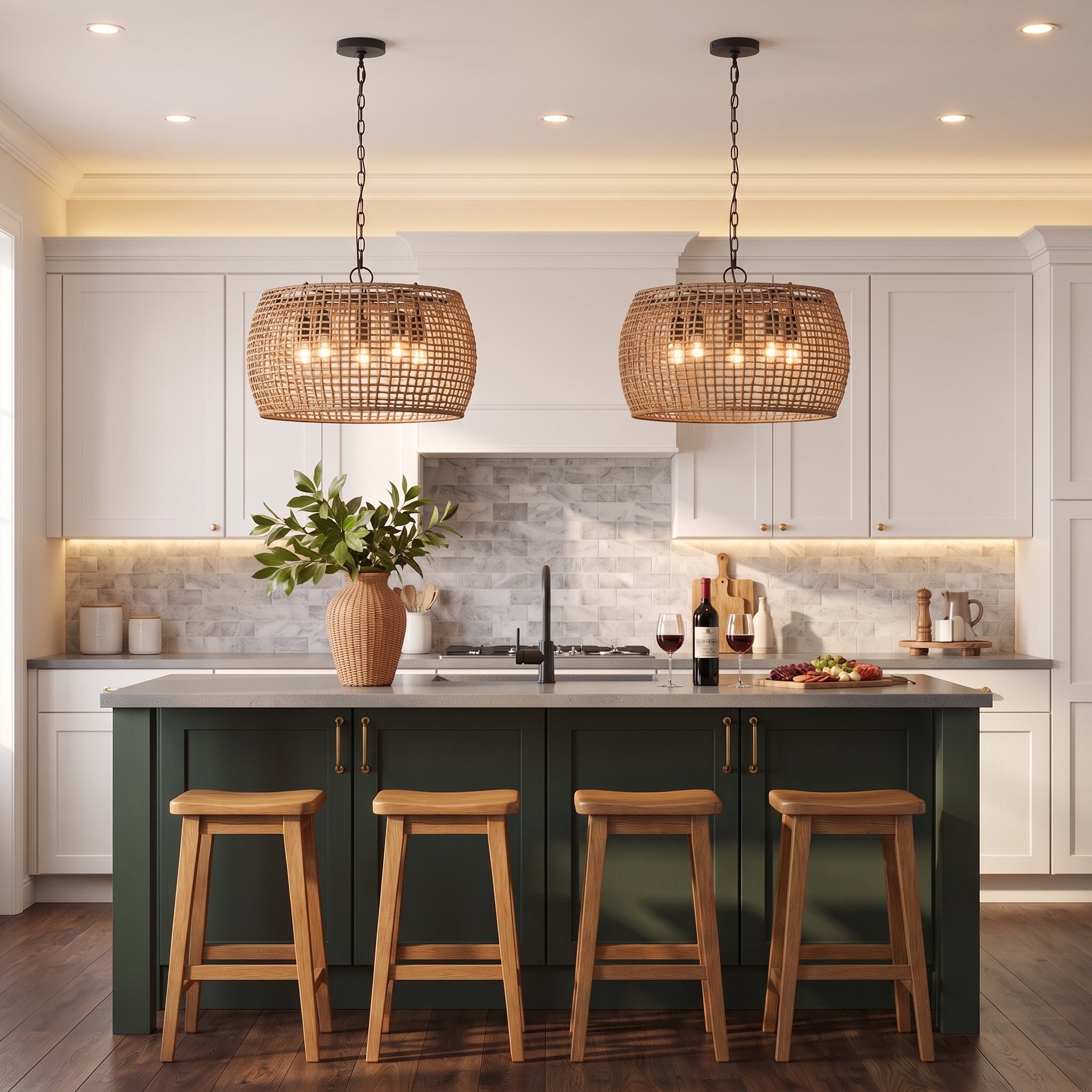 Weavelight 5-light Pendant in Natural Black, AI-visualized dining room scene - Golden Lighting