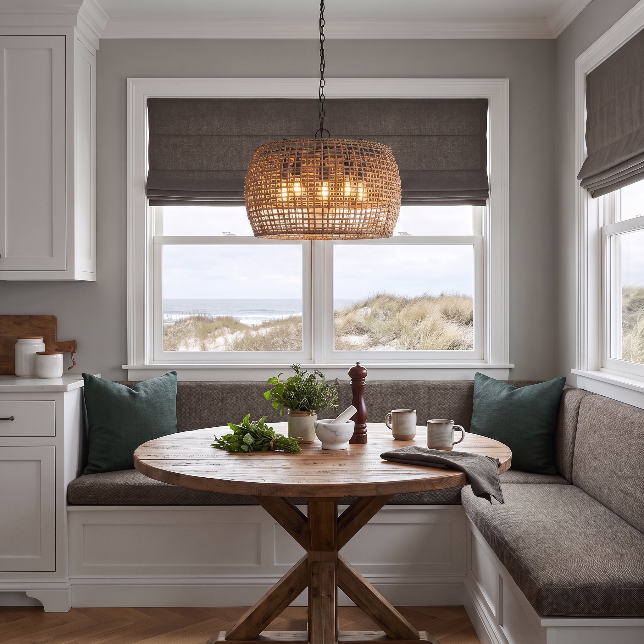 Weavelight 5-light Pendant in Natural Black, AI-visualized breakfast nook scene - Golden Lighting