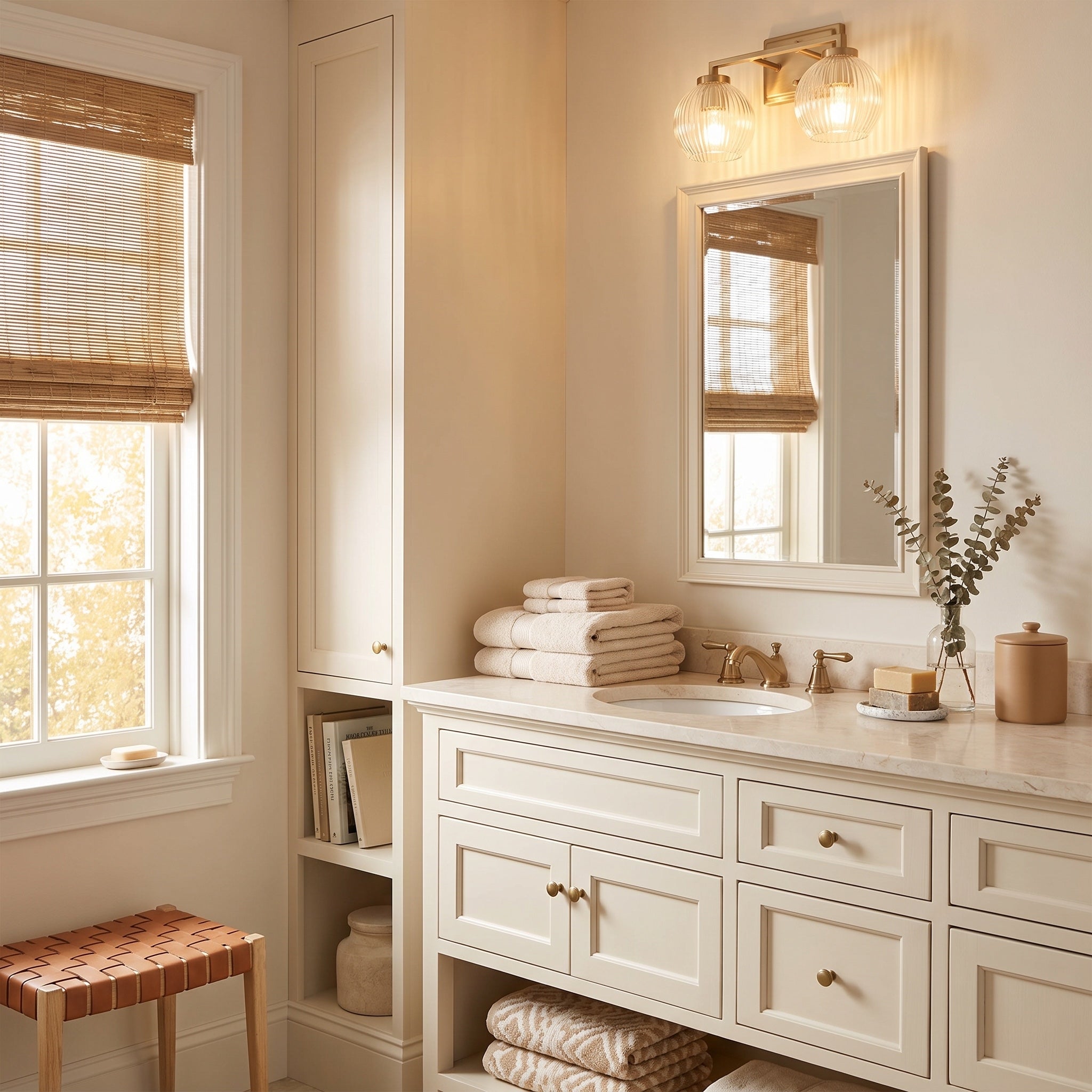 Elliott 2-light Vanity in Brushed Champagne Brass, AI-visualized powder room scene - Golden Lighting
