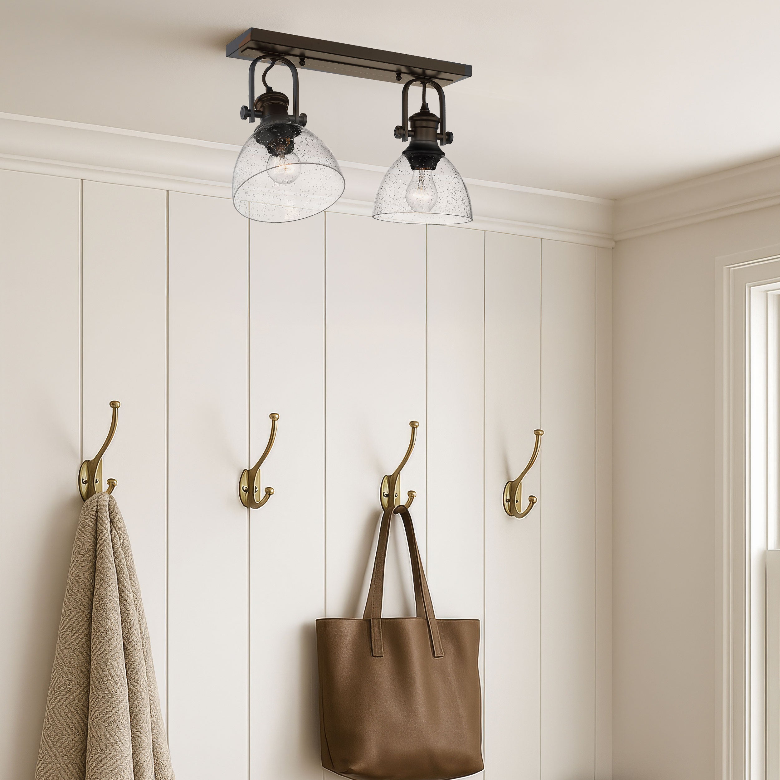 Yep by Golden Lighting Hines 2-light Semi-Flush Mount in Matte Black and Seeded Glass - - Golden Lighting