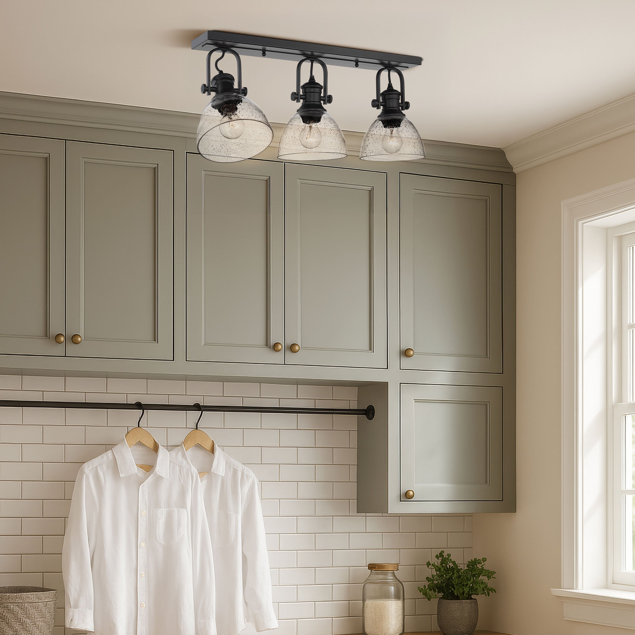 Yep by Golden Lighting Hines 3-light Semi-Flush Mount in Matte Black and Seeded Glass - - Golden Lighting