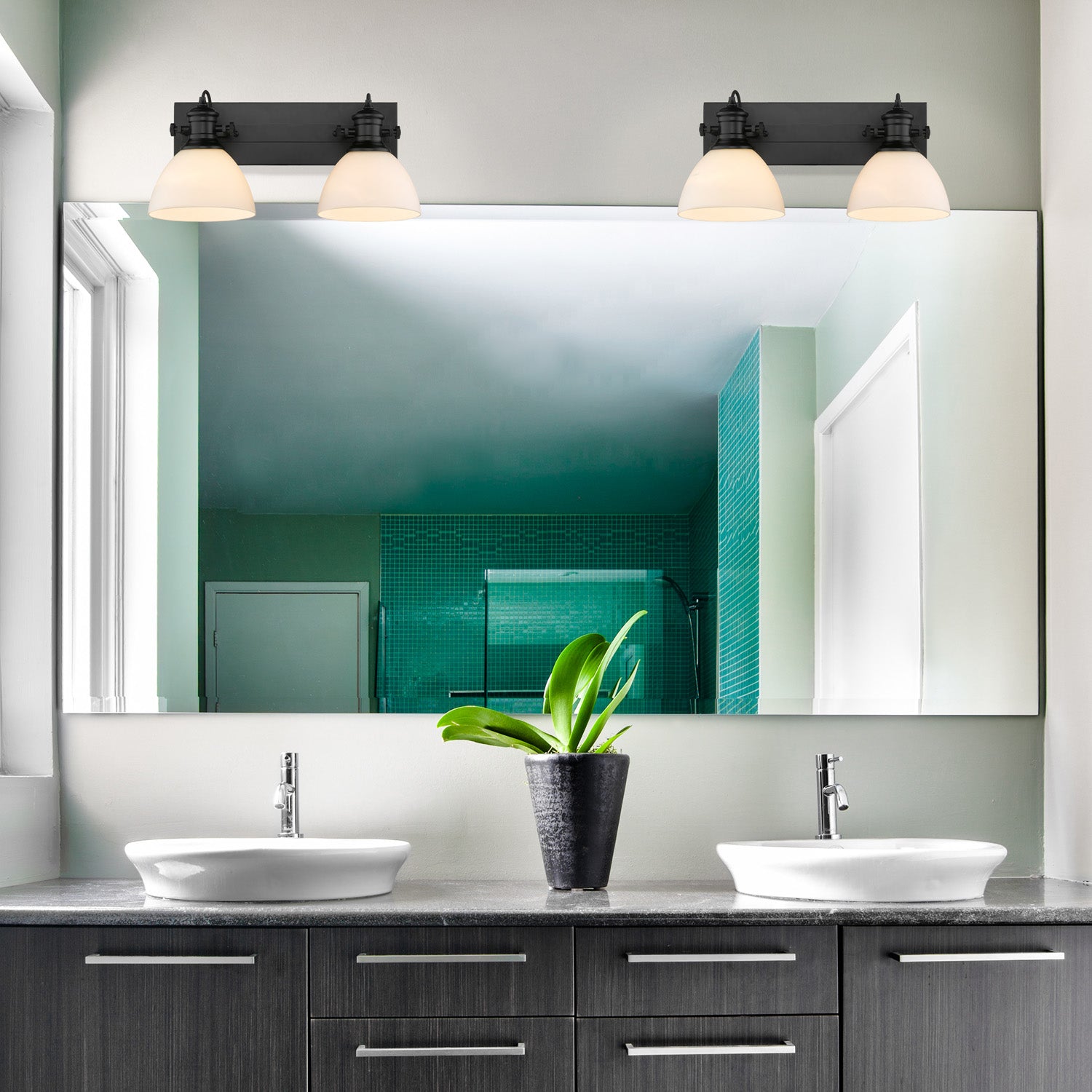Yep by Golden Lighting Hines 2-light Vanity in Matte Black and Opal Glass