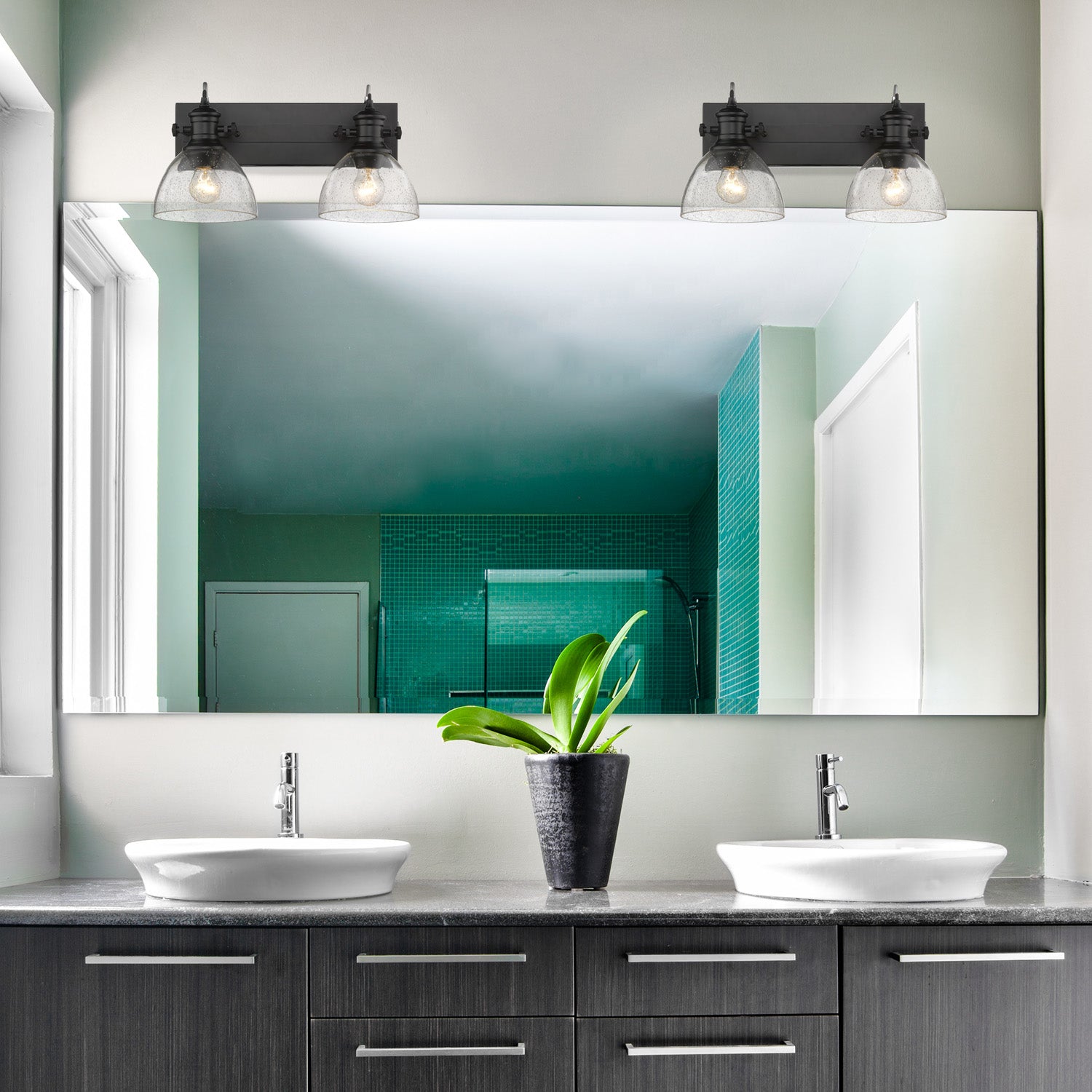 Hines 2-Light Bath Vanity in Matte Black with Seeded Glass - Default Title - Golden Lighting