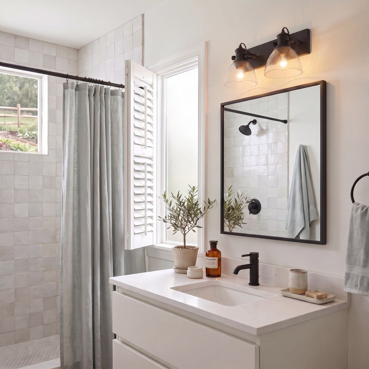 Hines 2-light Vanity in Matte Black, AI-visualized bathroom scene - Golden Lighting