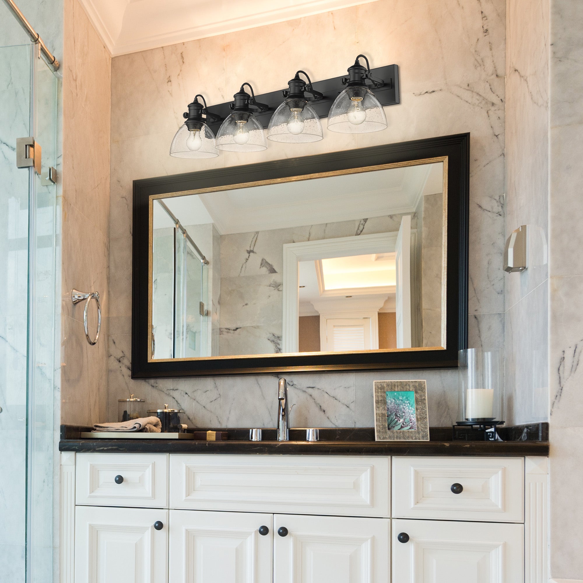 Hines 4-Light Bath Vanity in Matte Black with Seeded Glass Shades - Default Title - Golden Lighting