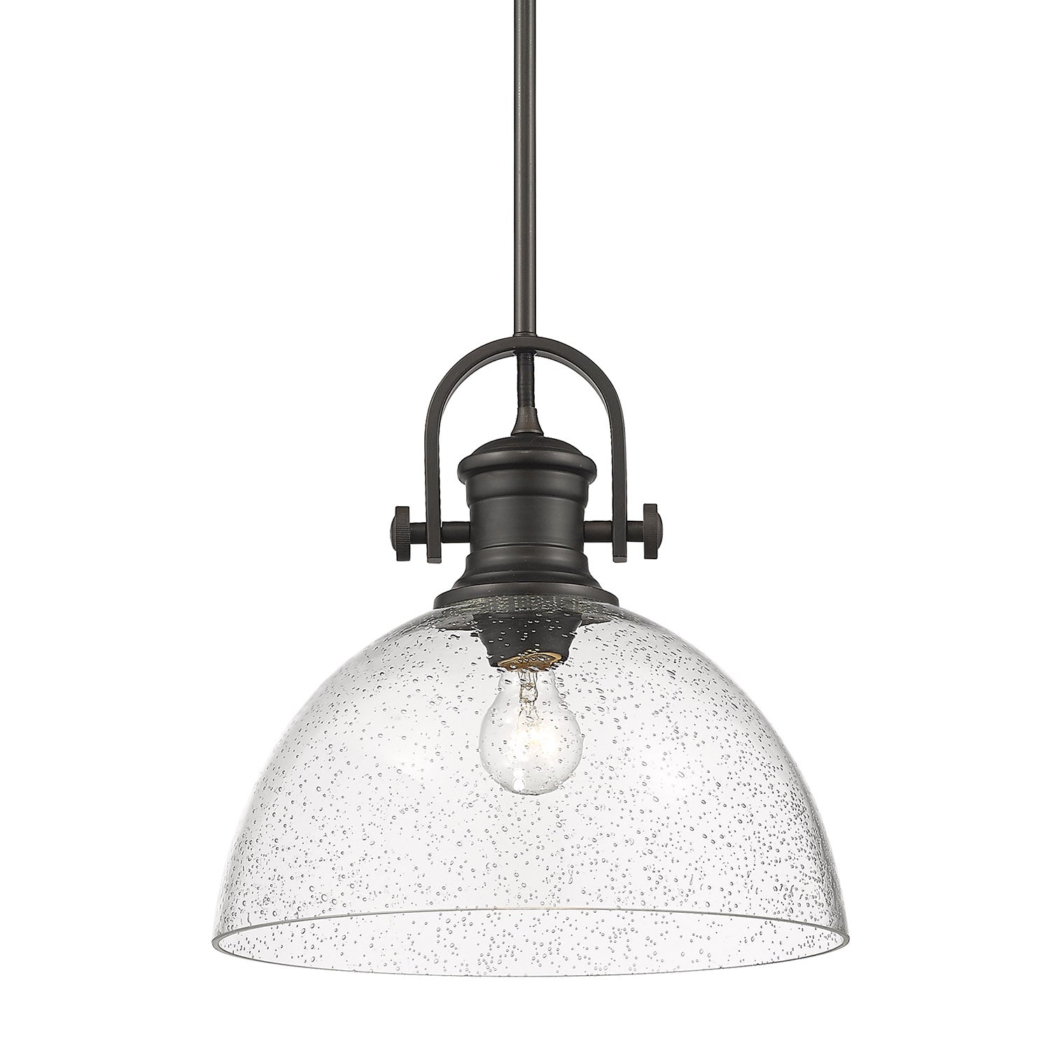 Yep by Golden Lighting Hines 1-light 14in Pendant in Rubbed Bronze and Seeded Glass - - Golden Lighting