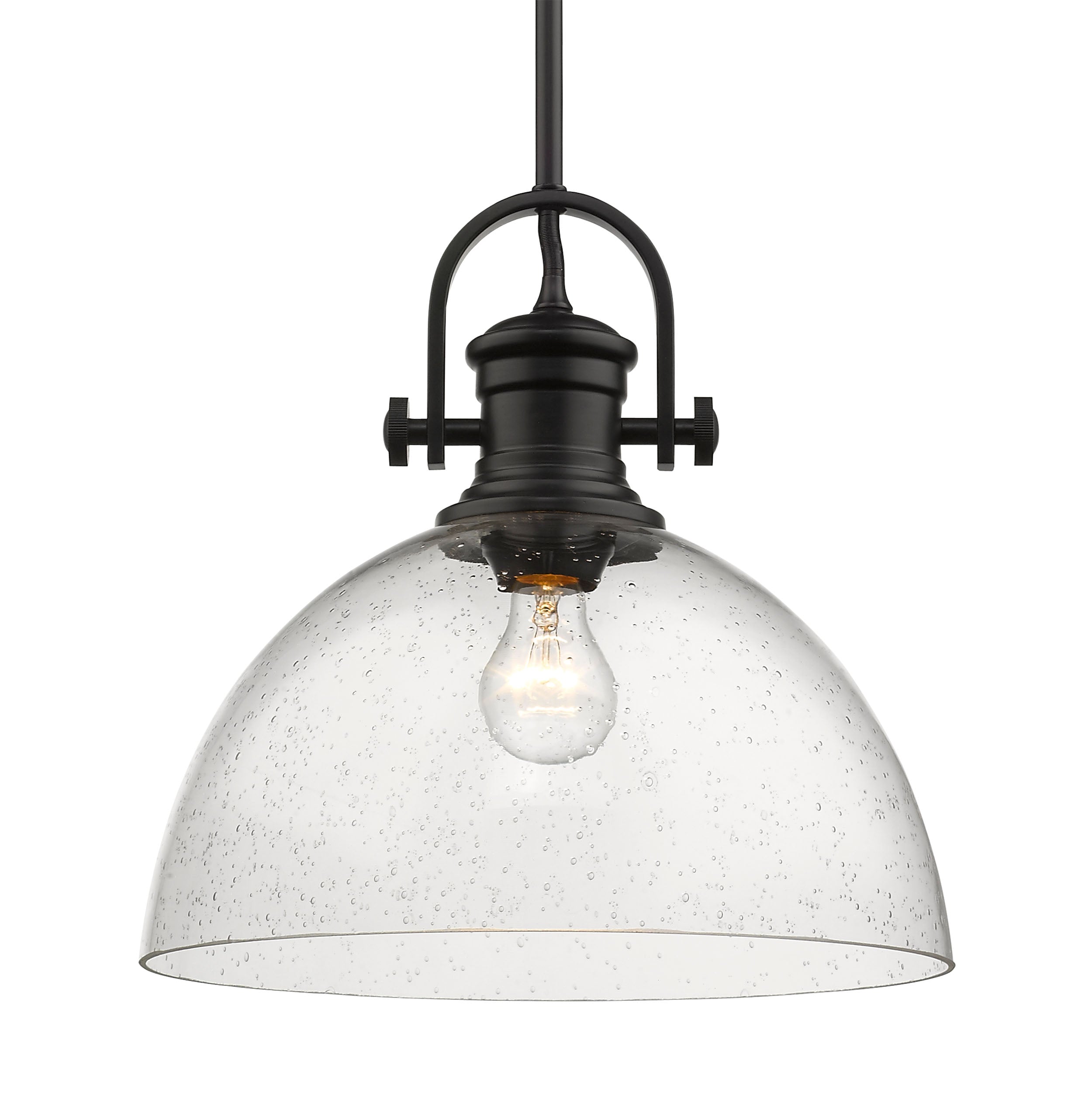 Yep by Golden Lighting Hines 1-light 14in Pendant in Matte Black and Seeded Glass - - Golden Lighting