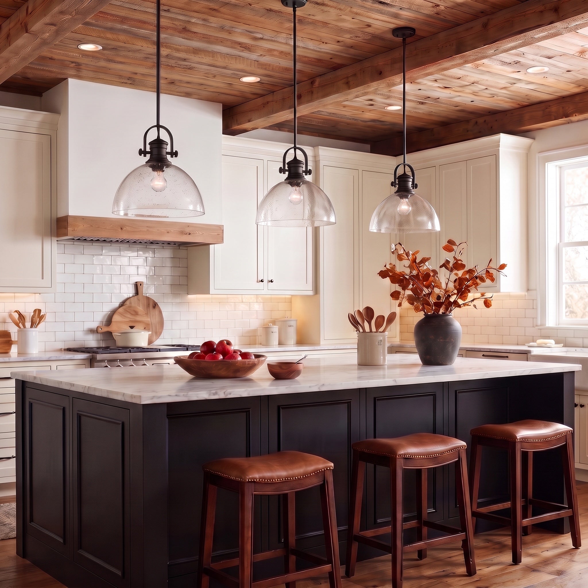 Hines 1-light Pendant in Matte Black, AI-visualized breakfast nook scene - Golden Lighting