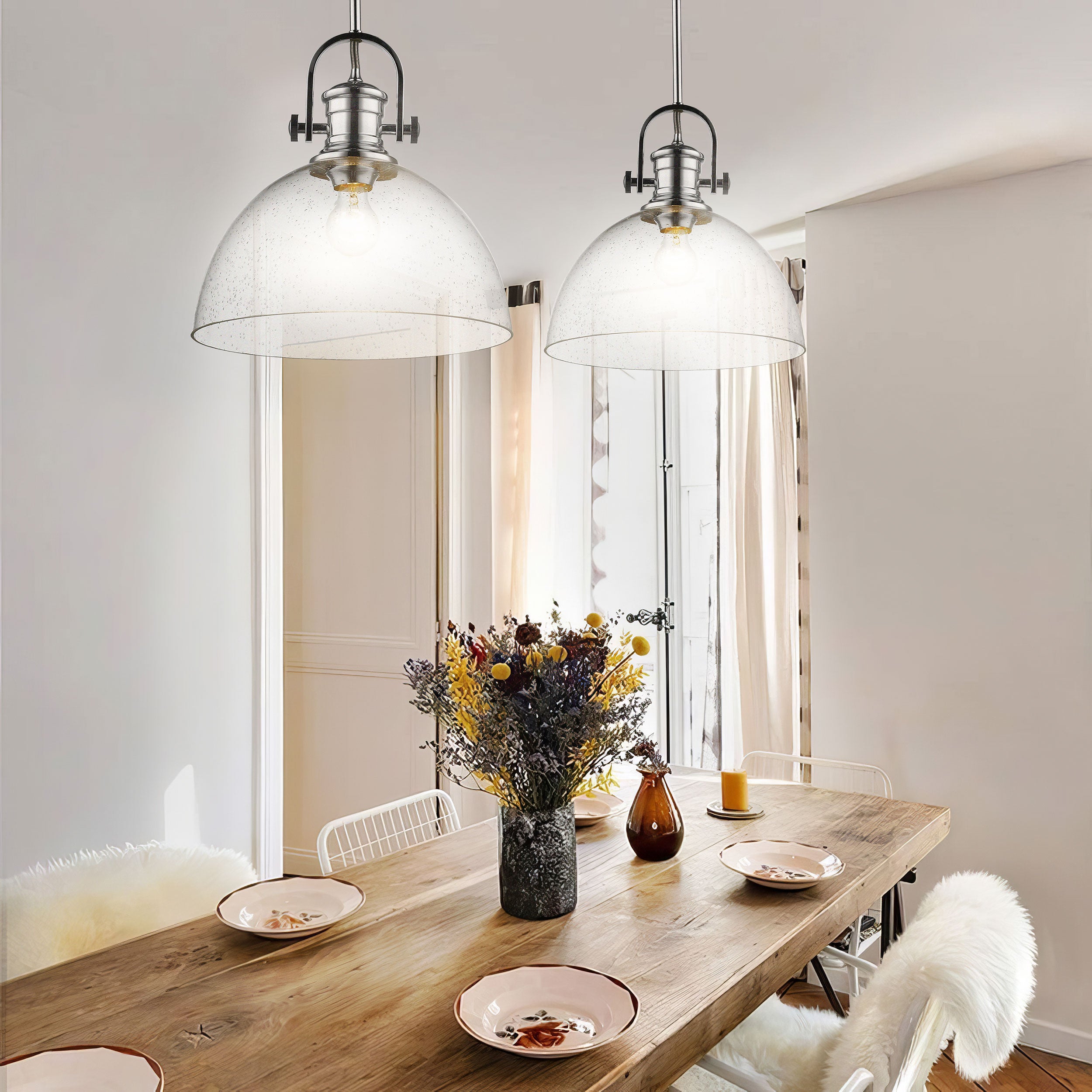 Yep by Golden Lighting Hines 1-light 14in Pendant in Chrome and Seeded Glass - Default Title - Golden Lighting