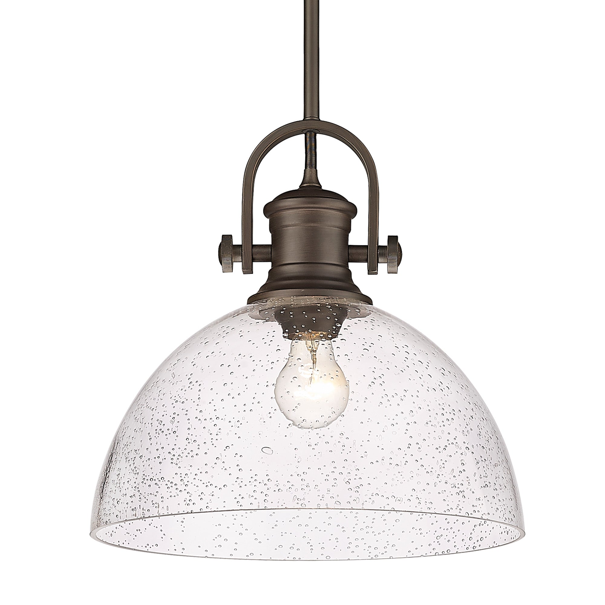 Hines 1-Light Pendant in Rubbed Bronze with Seeded Glass - - Golden Lighting