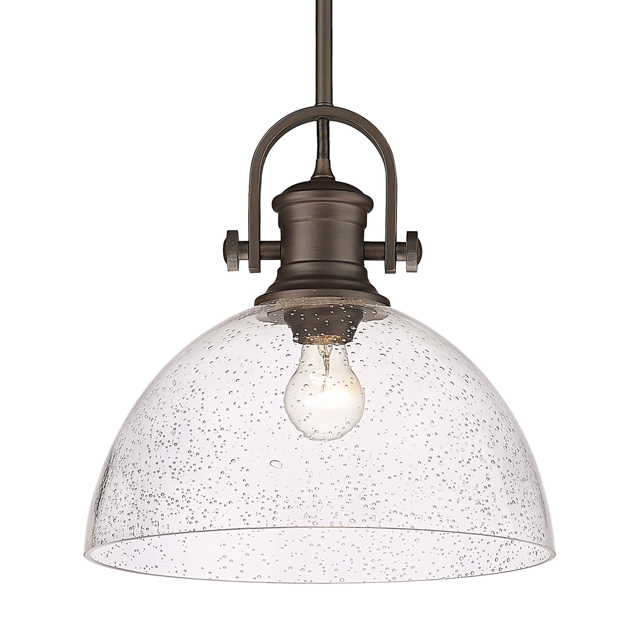 Yep by Golden Lighting Hines 1-light 14in Pendant in Rubbed Bronze and Seeded Glass - - Golden Lighting