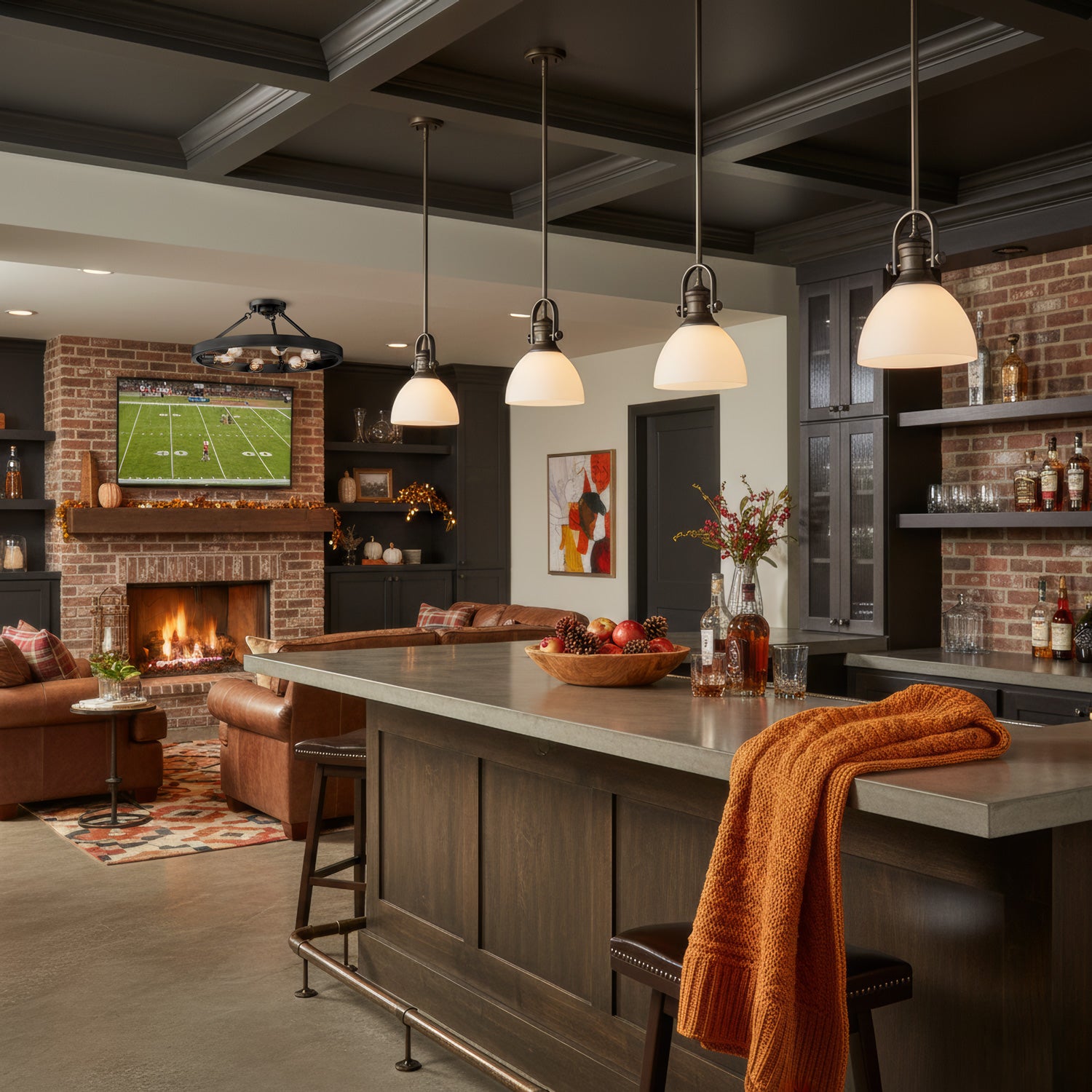 Modern living room with a bar area, fireplace, and television showcasing Castile 6-Light Semi-Flush in Matte Black and 4 of the Hines mini pendants in Rubbed Bronze with Opal Glass by Golden Lighting