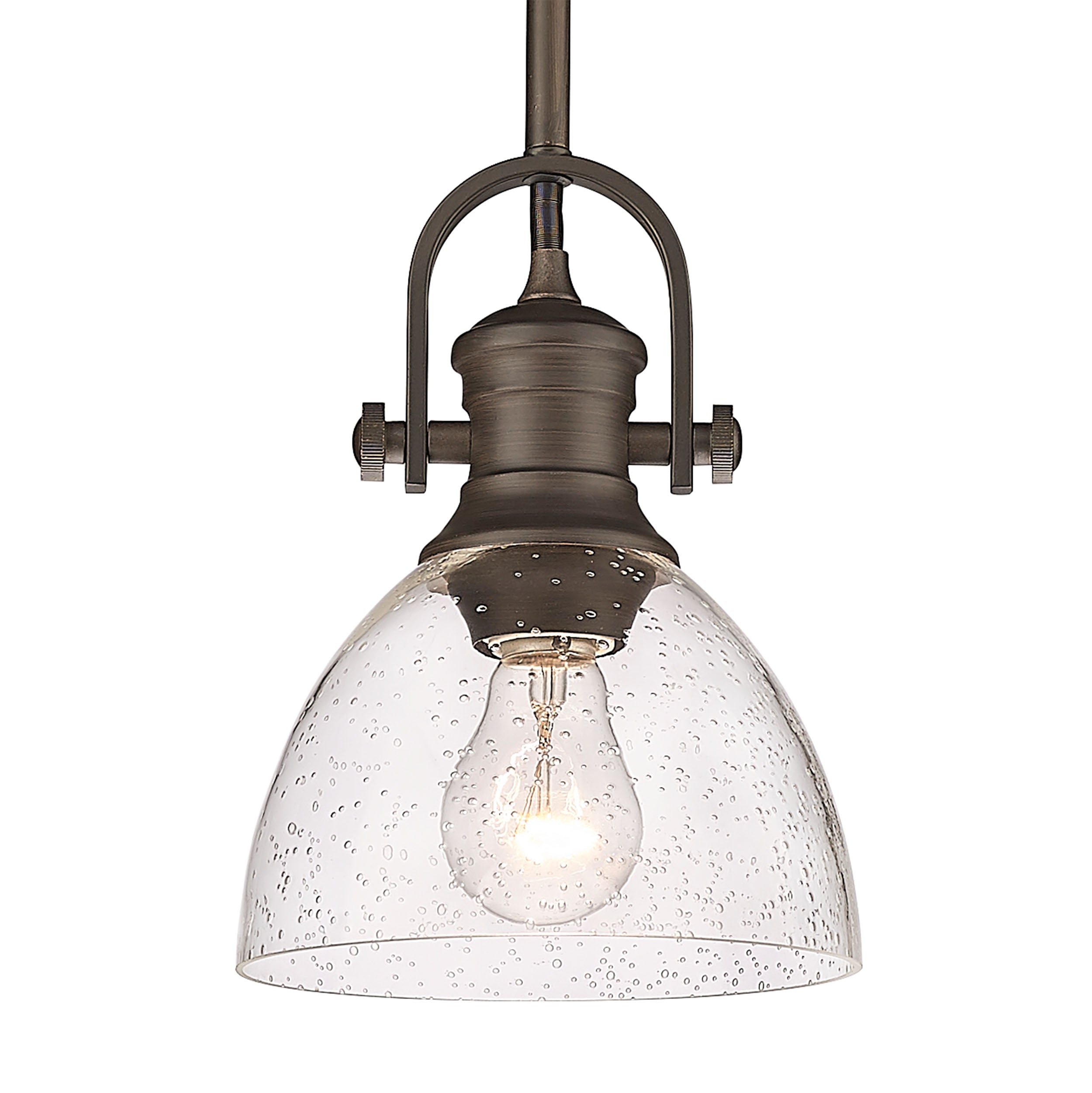 Yep by Golden Lighting Hines 1-light 7in Pendant in Rubbed Bronze and Seeded Glass - - Golden Lighting