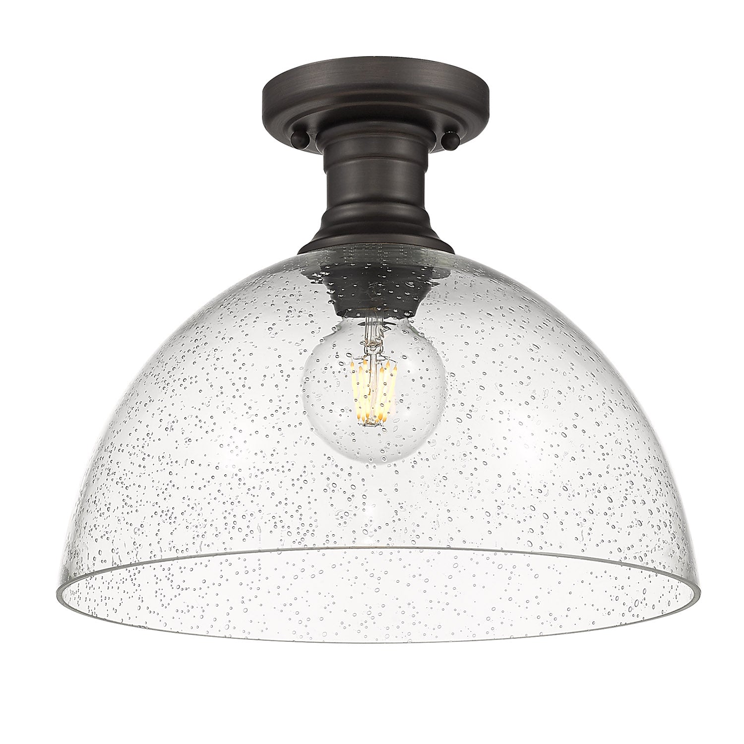 Yep by Golden Lighting Hines 1-light 14 in Semi-Flush Mount in Rubbed Bronze and Seeded Glass - - Golden Lighting