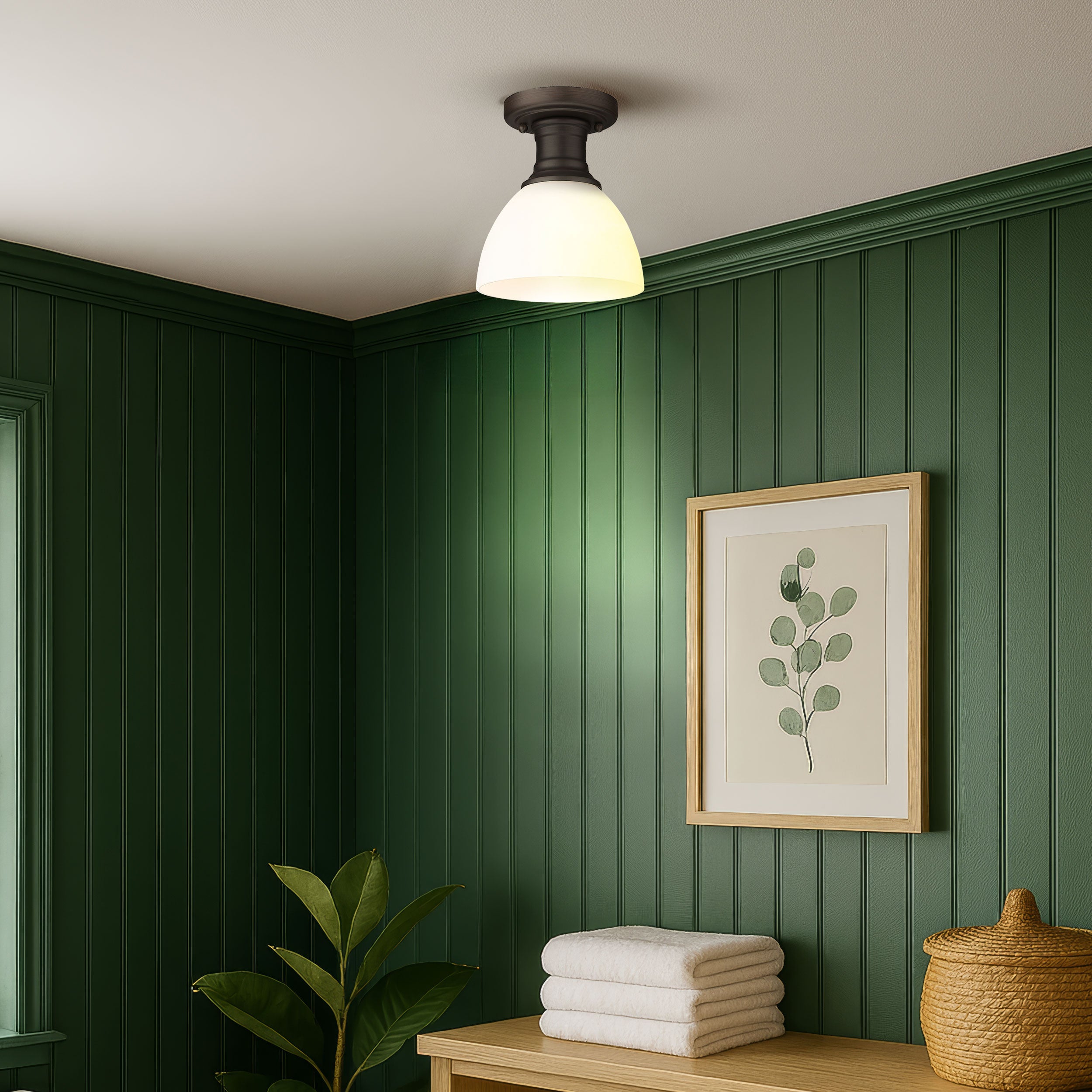 Yep by Golden Lighting Hines 1-light Semi-Flush Mount in Rubbed Bronze and Opal Glass - - Golden Lighting