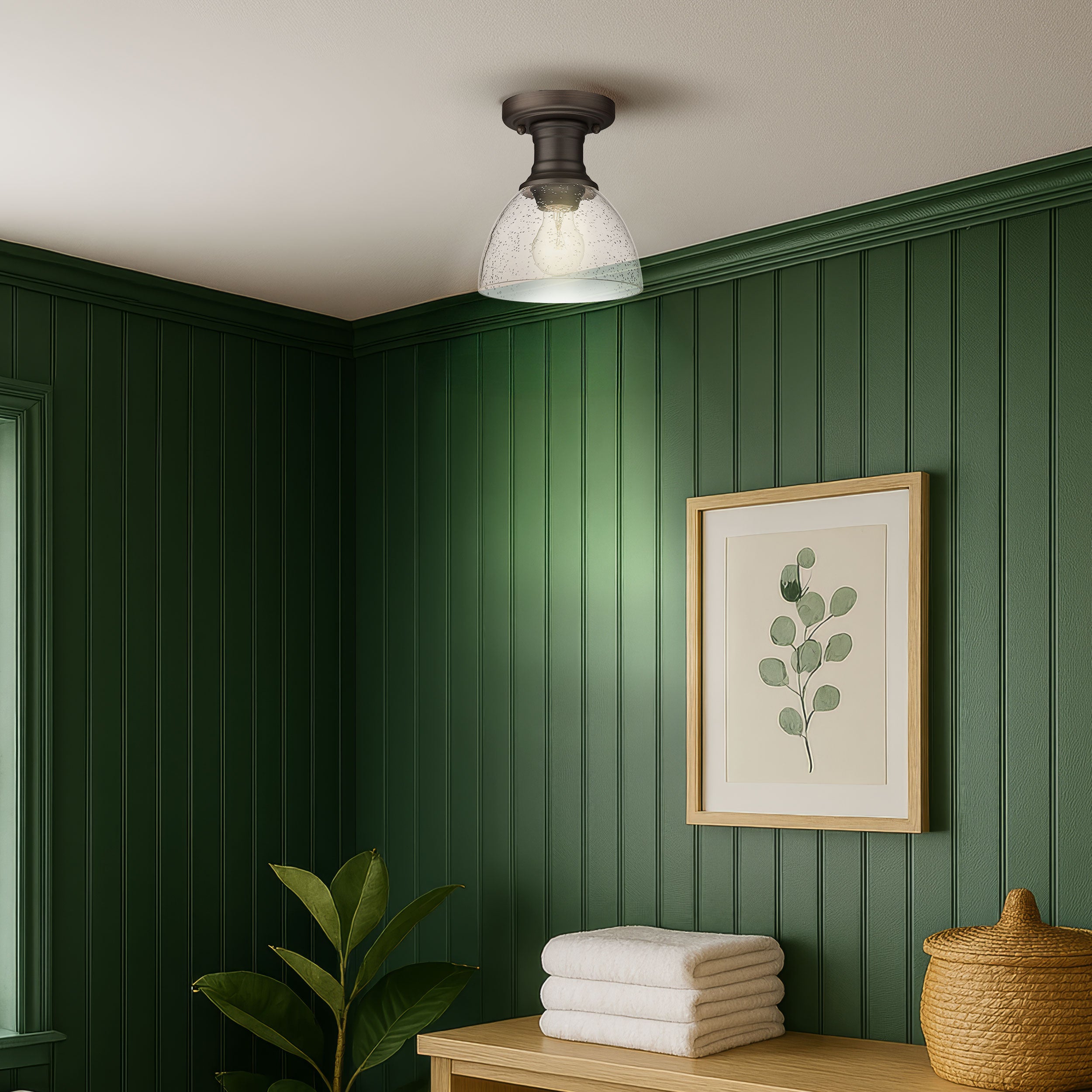 Yep by Golden Lighting Hines 1-light Semi-Flush Mount in Rubbed Bronze and Seeded Glass - - Golden Lighting